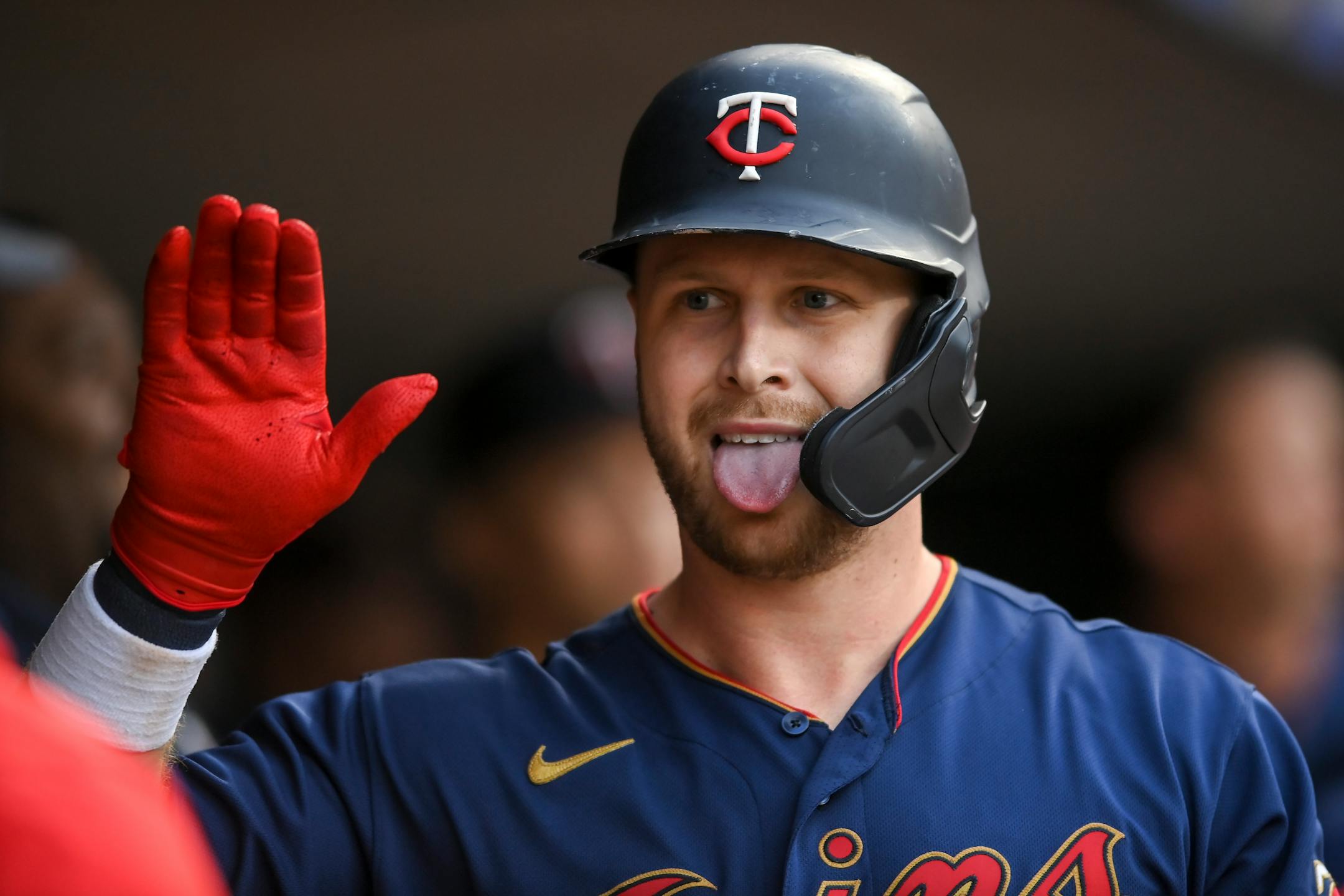 Minnesota Twins catcher Ryan Jeffers (27) celebrated his fifth inning home run against the Detroit Tigers.