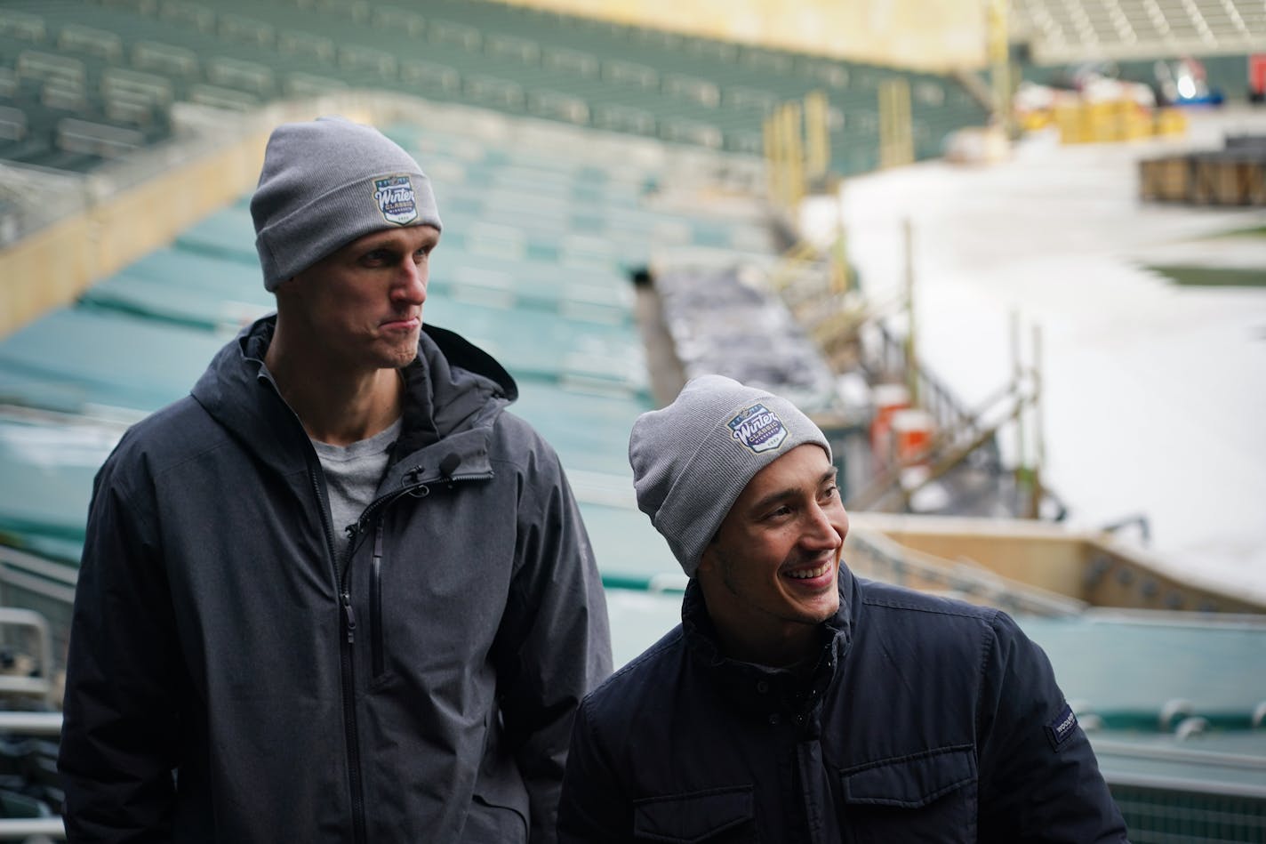 Media gets a sneak peak at the preparations for the New Year's Day NHL Winter Classic Game which will pit the Minnesota Wild against the St. Louis Blues at Target Field in Minneapolis, Minn., Friday, Dec. 17, 2021. Wild forward Nick Bjugstad, left, and defenseman Jared Spurgeon take a look around the stadium. ] SHARI L. GROSS • shari.gross@startribune.com