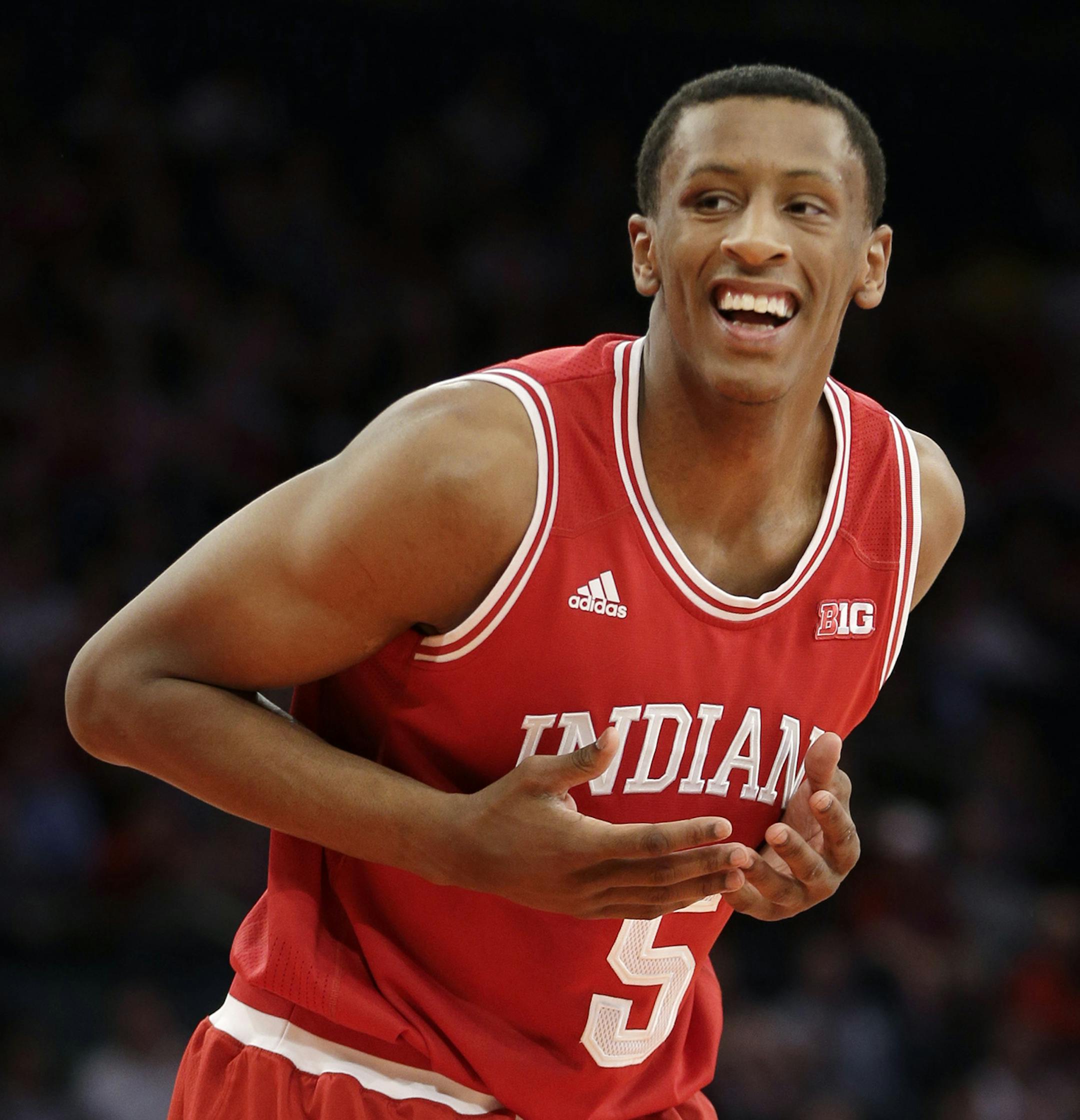 Indiana's Troy Williams reacts to a referee's call during the first half of an NCAA college basketball game against Connecticut, Friday, Nov. 22, 2013, in New York. (AP Photo/Seth Wenig) ORG XMIT: NYSW115