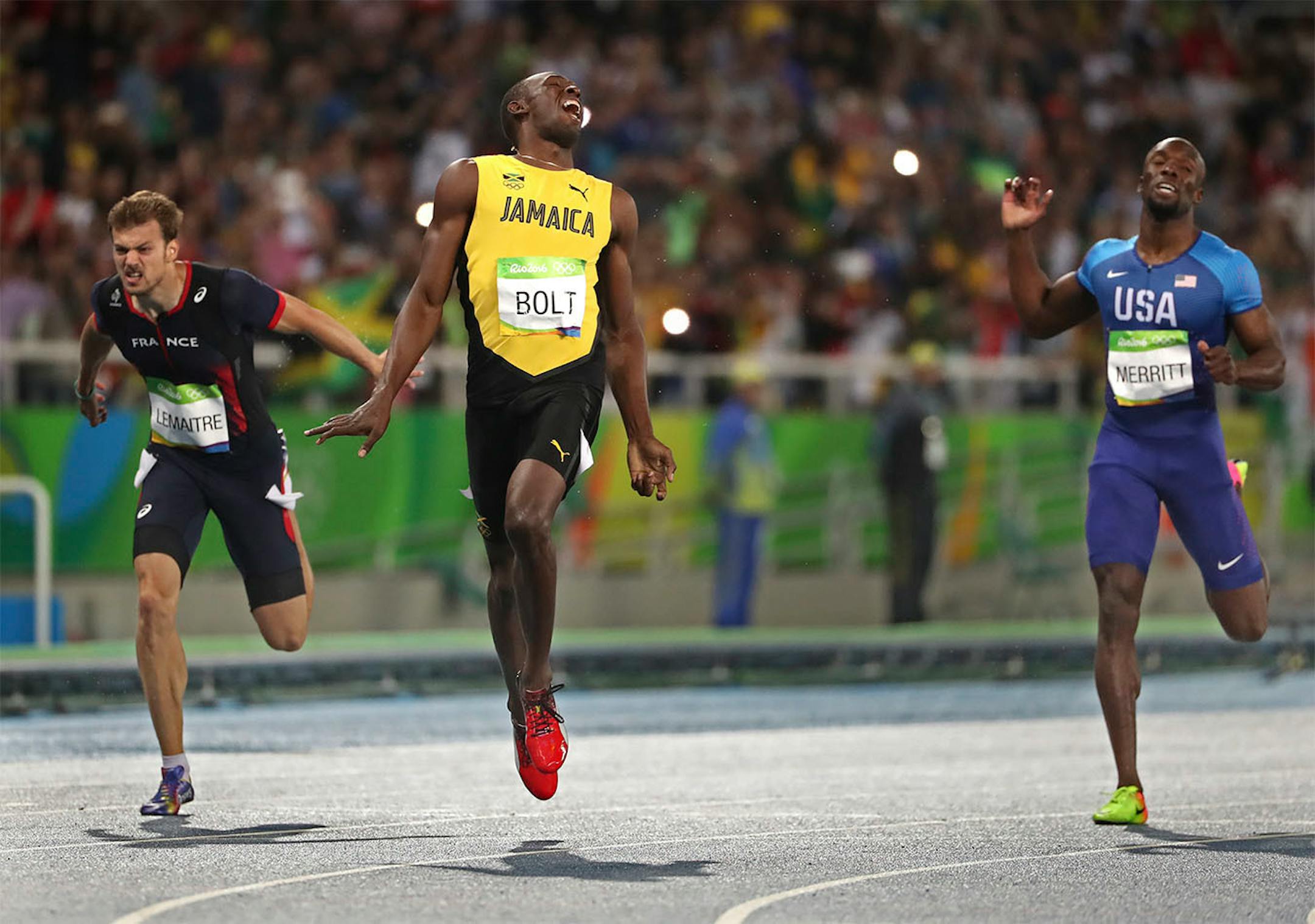 Men's 200 meter final. France's Christophe Lemaitre, Jamaica's Usain Bolt, USA's Lashawn Merritt & Canada's Andre de Grasse.