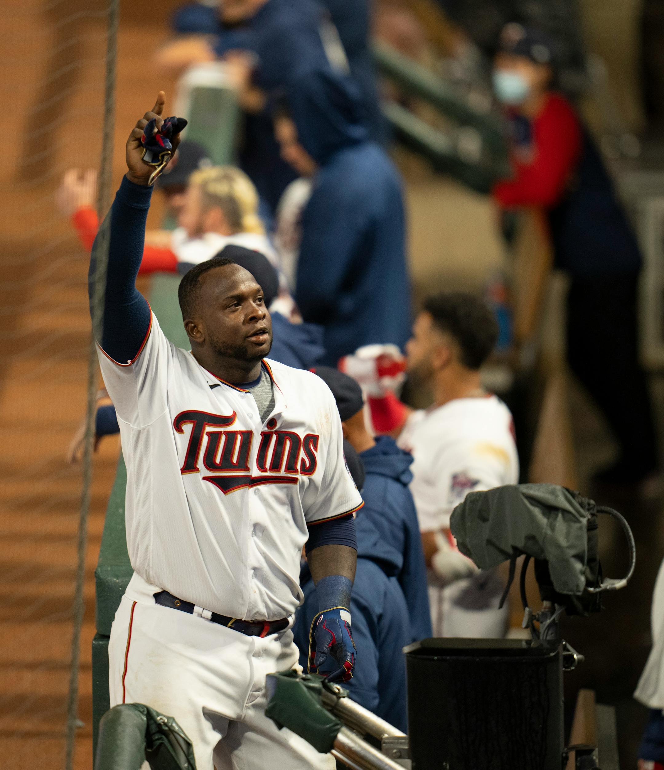 Minnesota Twins first baseman Miguel Sano stepped out of the dugout for a curtain call after his third home run of the game in the eighth inning tied the game 4-4.