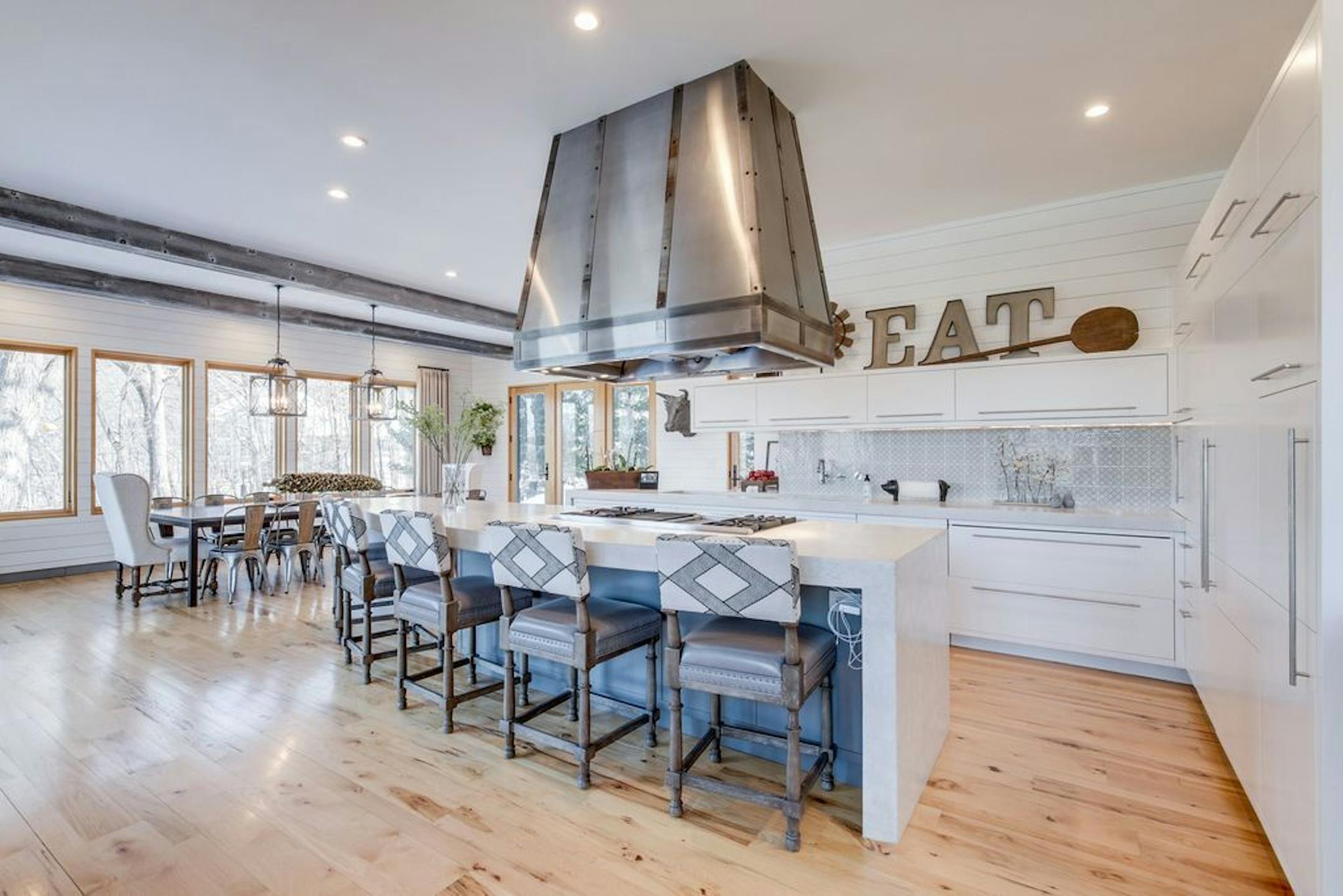 The kitchen has a 13-foot center island.