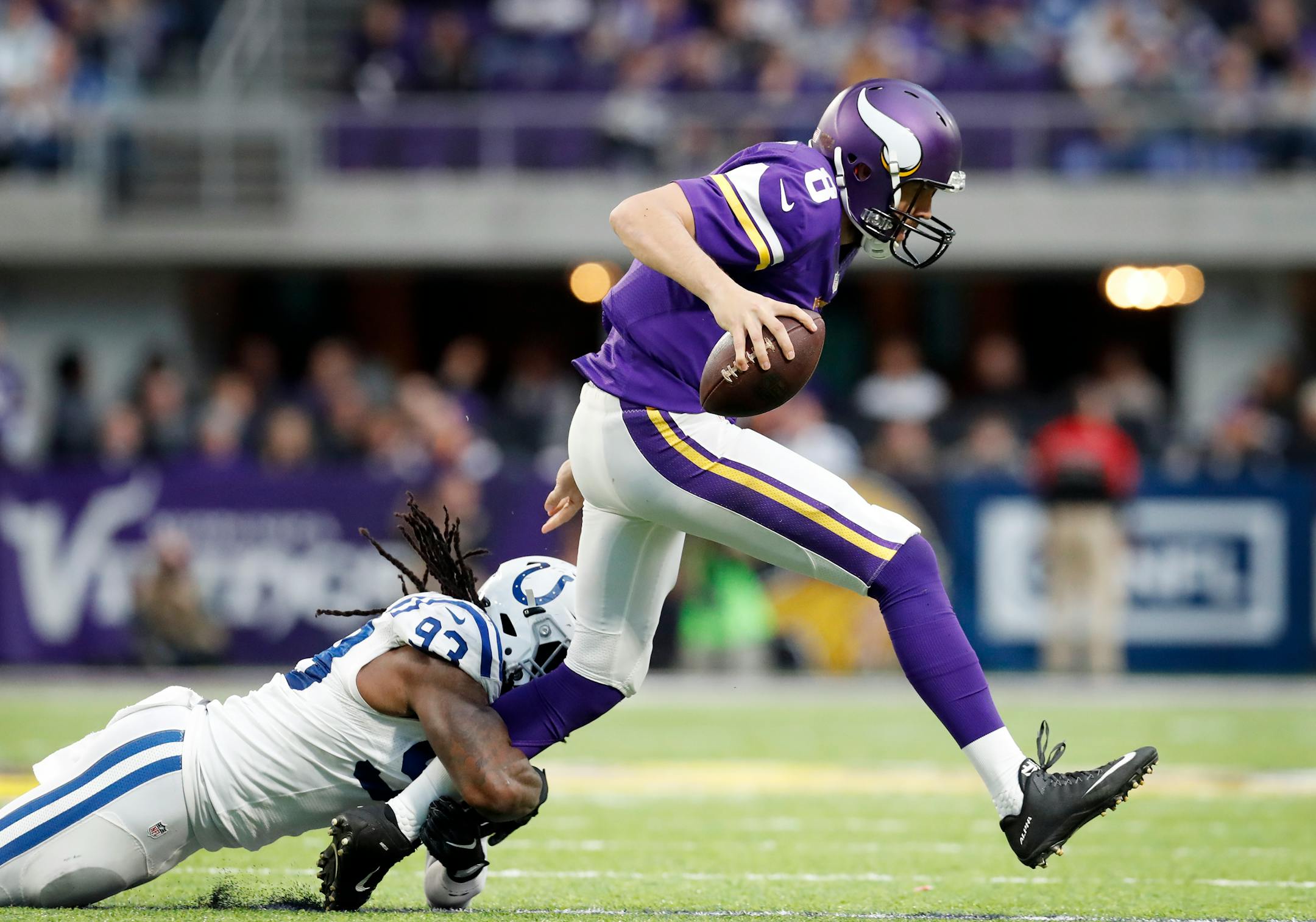 Vikings quarterback Sam Bradford was sacked in the forth quarter by Colts outside linebacker Erik Walden at U.S. Bank Stadium on Sunday. Indianapolis beat the Vikings 34-6.