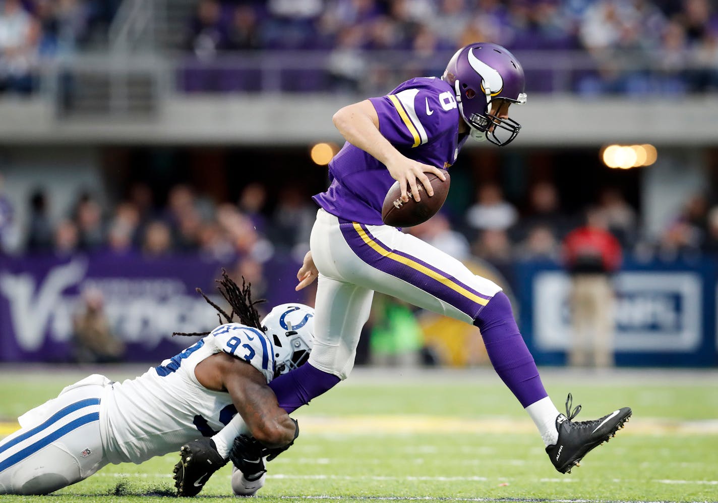 Vikings quarterback Sam Bradford was sacked in the forth quarter by Colts outside linebacker Erik Walden at U.S. Bank Stadium on Sunday. Indianapolis beat the Vikings 34-6.