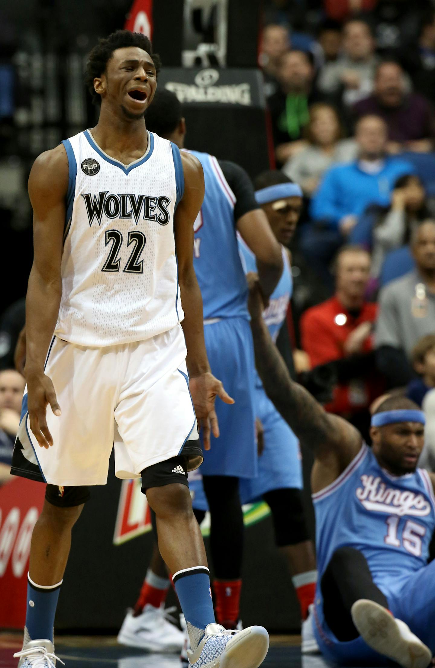 Wolves Andrew Wiggins reacted after getting called for an offensive foul during the fourth quarter. ] (KYNDELL HARKNESS/STAR TRIBUNE) kyndell.harkness@startribune.com Wolves vs Kings at the Target Center in Minneapolis, Min., Friday December 18, 2015. Wolves won 99-95 over Sacramento.