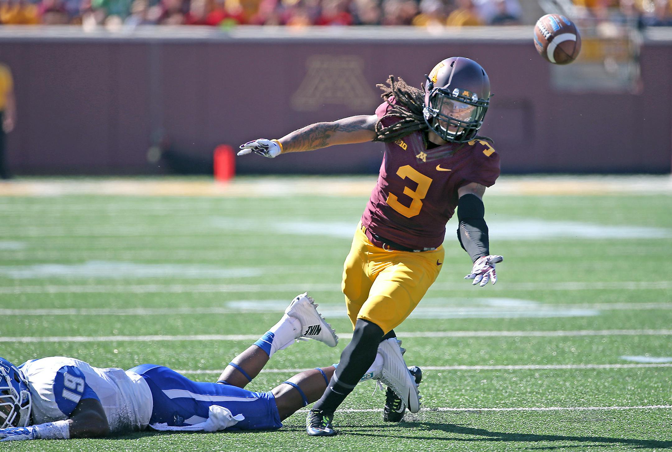 Minnesota senior defensive back Derrick Wells against Middle Tennessee State earlier this season. Wells likely will not play in the Gophers' home Big Ten opener against Northwestern.