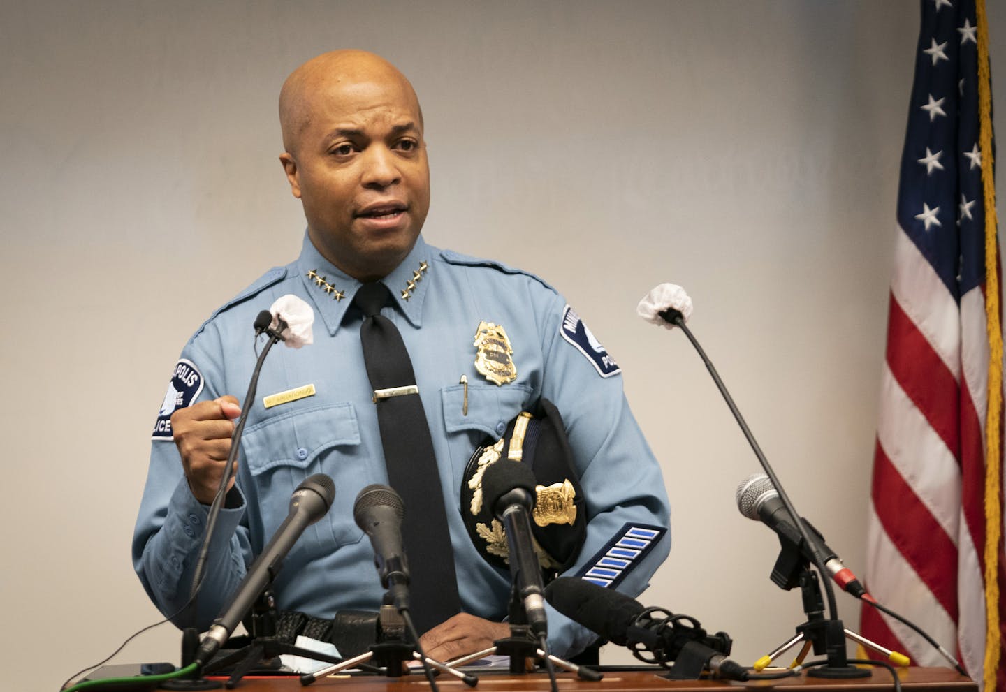 Police Chief Medaria Arradondo speaks during a press conference to announce the Justice Department has put $3 million toward the creation of a national center to help law enforcement agencies prevent the use of excessive force at the Federal Courthouse, Tuesday, Oct. 20, 2020, in Minneapolis. Chief Arradondo says he's grateful for the offer and hopes city leaders will take advantage of it. (Renee Jones Schneider/Star Tribune via AP) ORG XMIT: MER01288c28449168ed5c1e882436583