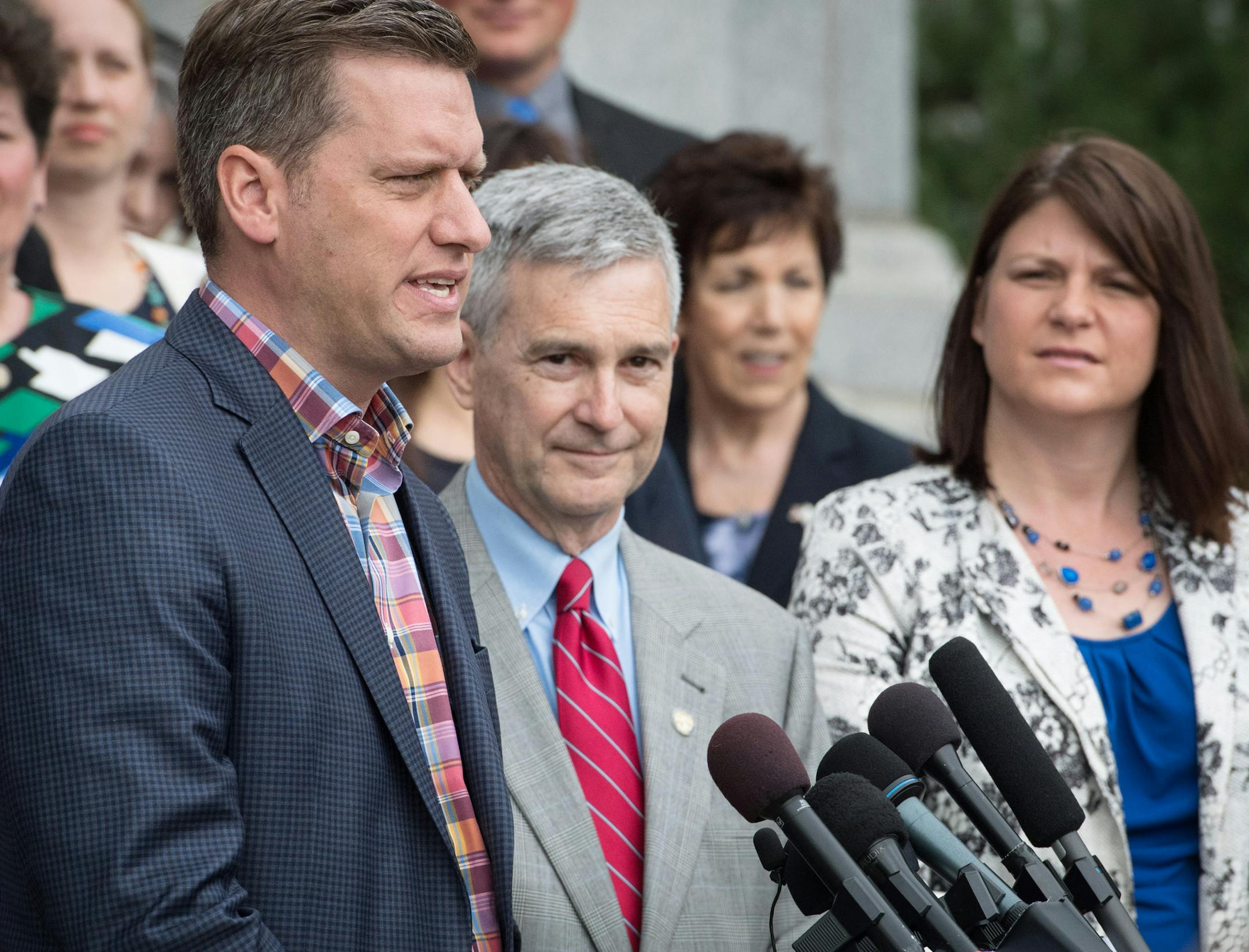 House Speaker Kurt Daudt, Senate Minority Leader David Hann and House Majority Leader Joyce Peppin answered questions from the media about the unfinished business of the session. ] GLEN STUBBE * gstubbe@startribune.com Tuesday, May 31, 2016 Republican candidates, both challengers and incumbents for Minnesota House and Senate lined up on the steps outside the State office Building in St. Paul.