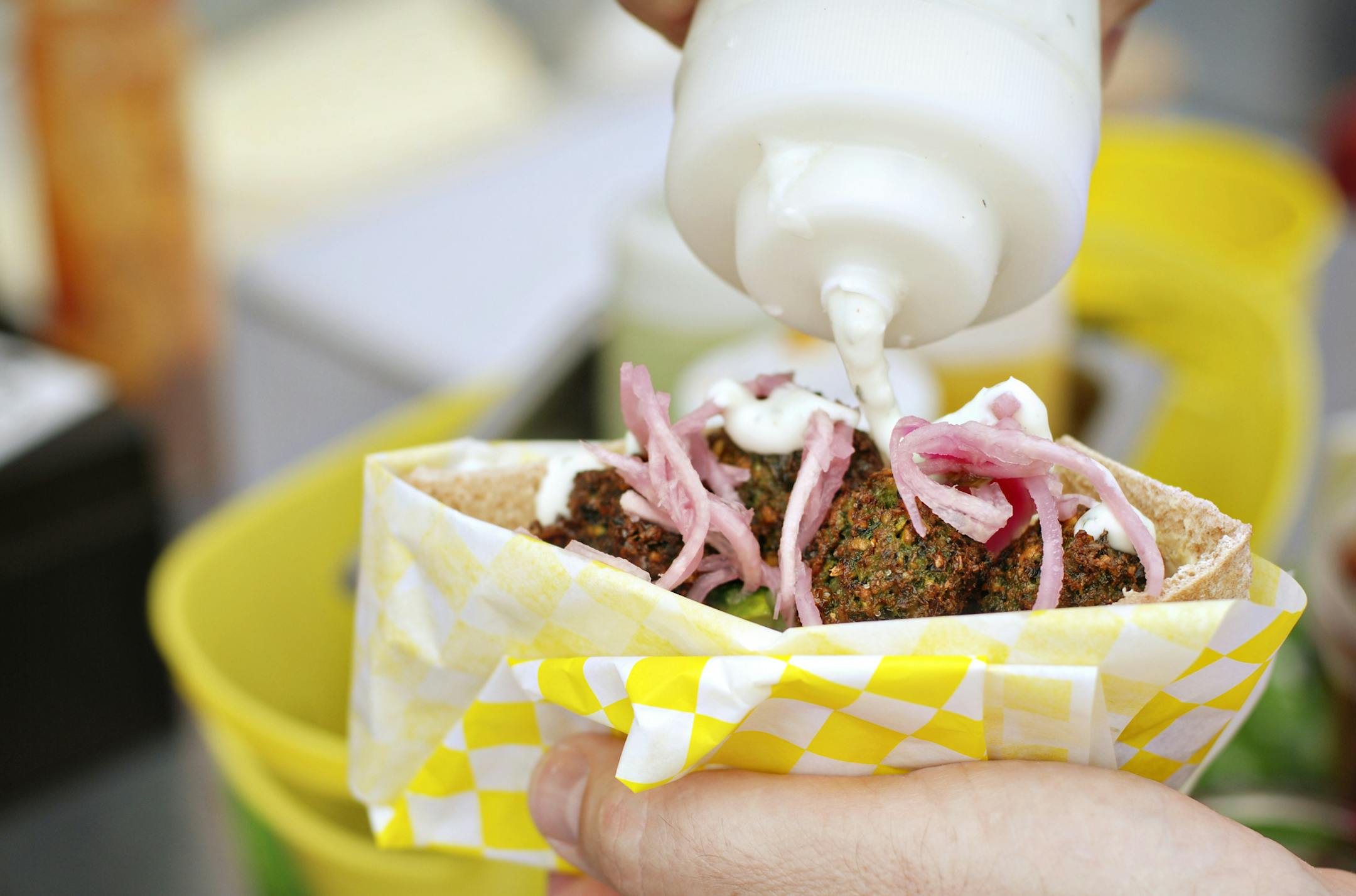 Foxy Falafel shot at the Kingfield farmer's market. Photo by Leslie Plesser.