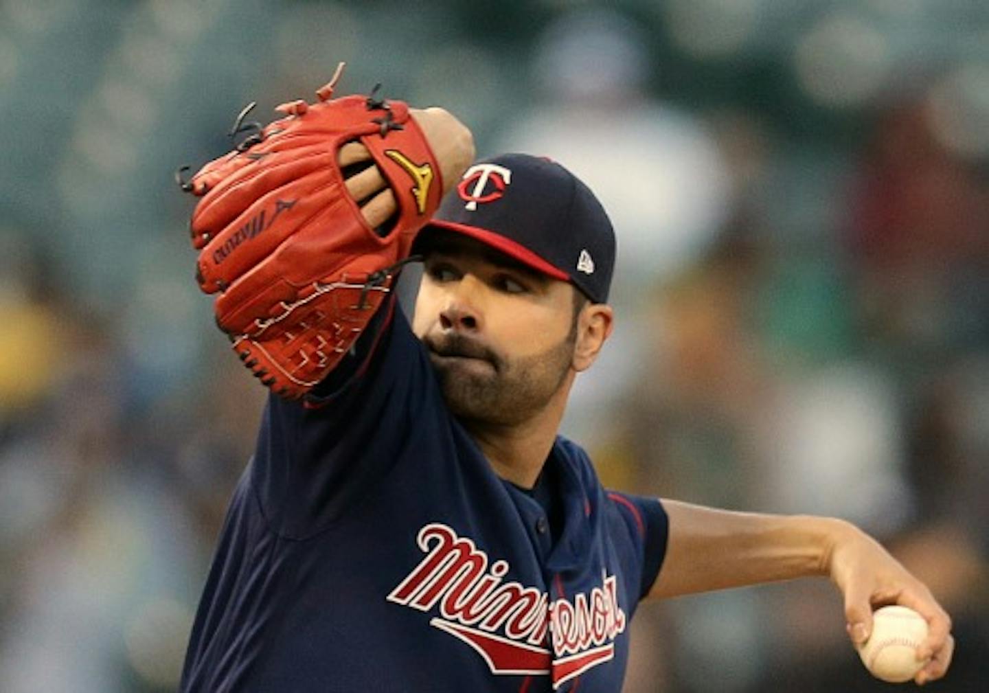 Minnesota Twins pitcher Jaime García works against the Oakland Athletics during the first inning of a baseball game Friday, July 28, 2017, in Oakland, Calif.