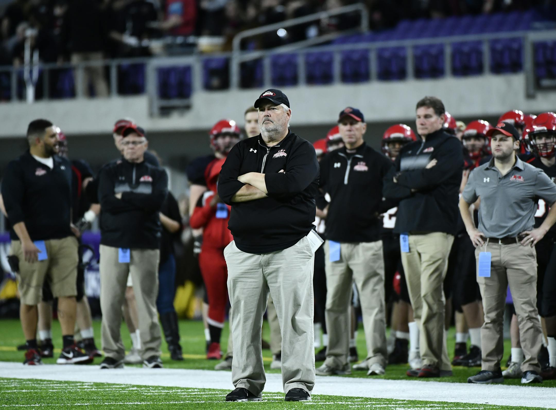 Eden Prairie head coach Mike Grant watched with disappointment after Totino Grace extended their lead to two touchdowns late in the fourth quarter. ] (AARON LAVINSKY/STAR TRIBUNE) aaron.lavinsky@startribune.com Eden Prairie played Totino Grace in the Class 6A Championship Game of the the Prep Bowl on Friday, Nov. 25, 2016 at U.S. Bank Stadium in Minneapolis, Minn.