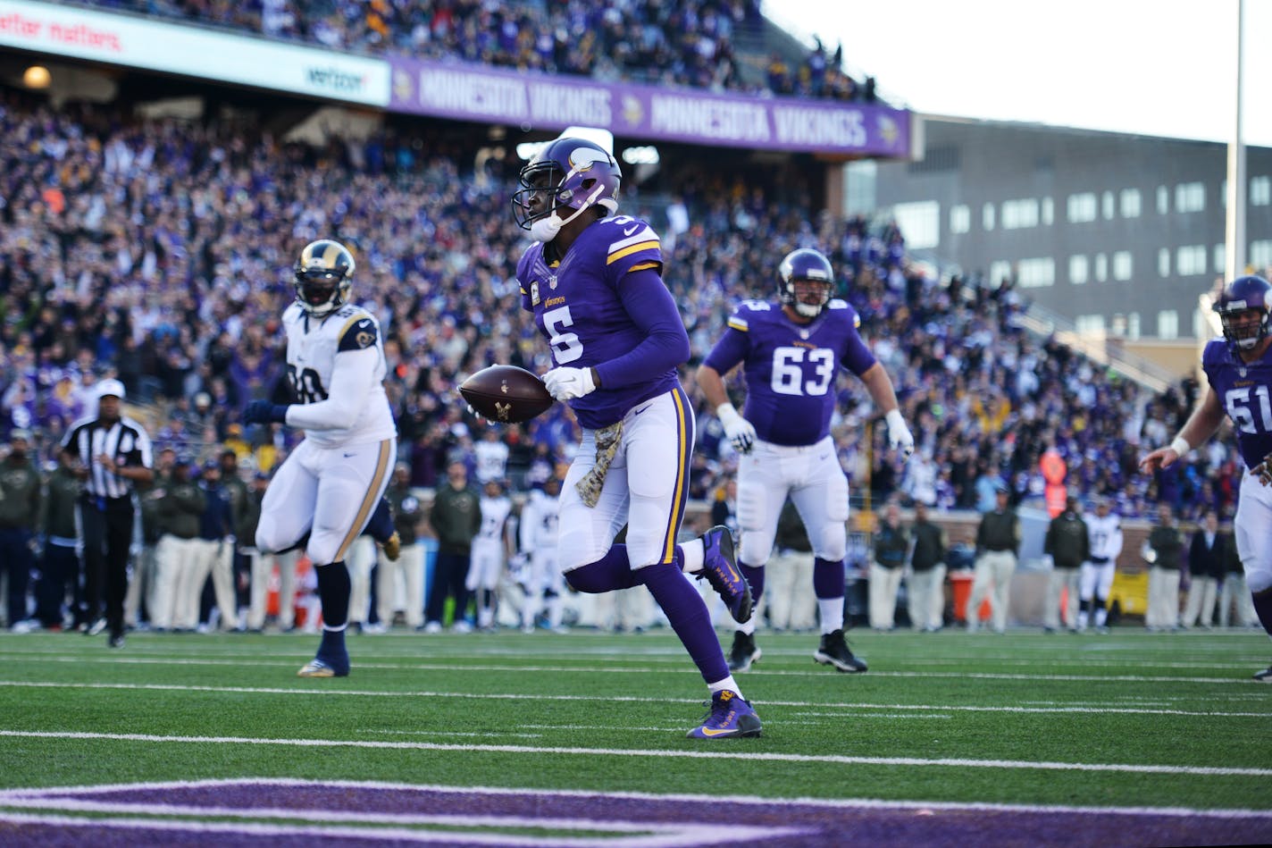 Vikings quarterback Teddy Bridgewater had a clear path to the end zone on Sunday against the Rams.