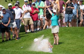 Hideki Matsuyama hits out of the bunker on the seventh green during the second round of the 3M Open Friday, July 28, 2023 at TPC Twin Cities in Blaine