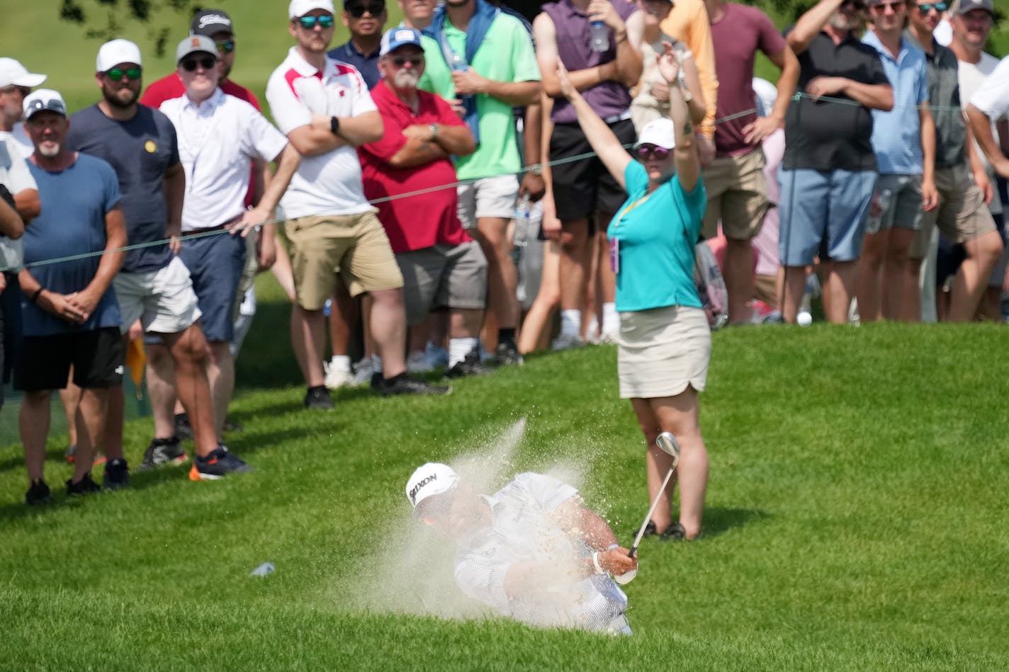 Hideki Matsuyama hits out of the bunker on the seventh green during the second round of the 3M Open Friday, July 28, 2023 at TPC Twin Cities in Blaine, Minn. ] ANTHONY SOUFFLE • anthony.souffle@startribune.com