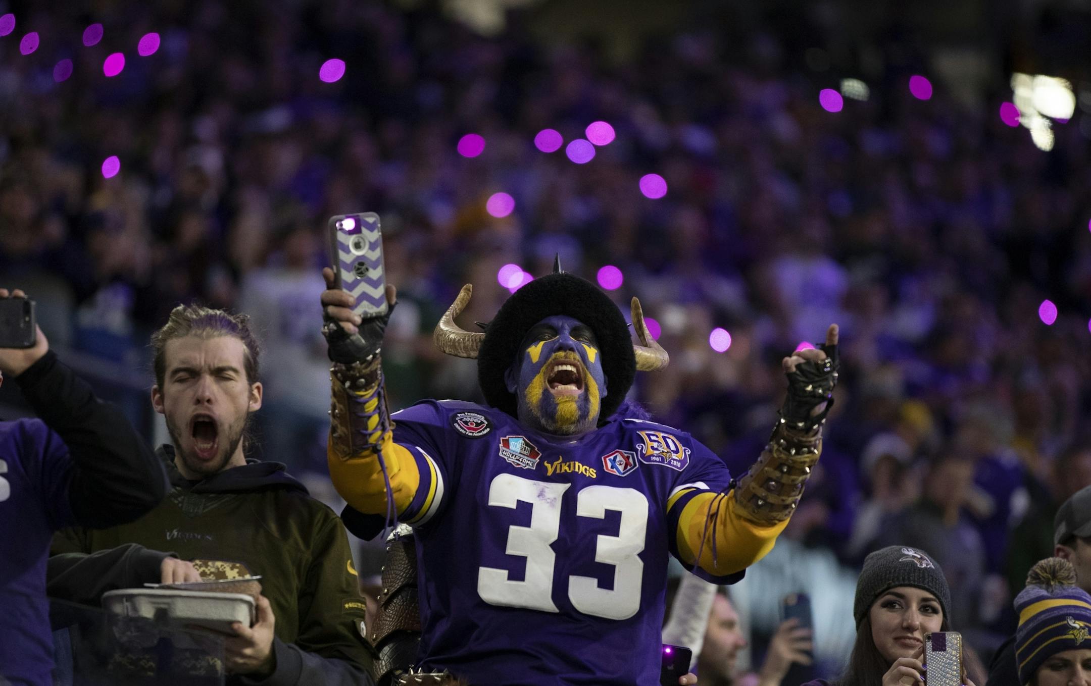 Vikings fans cheered under the purple lights during player introduction at U.S. Bank Stadium Sunday November 25, 2018 in Minneapolis , MN.