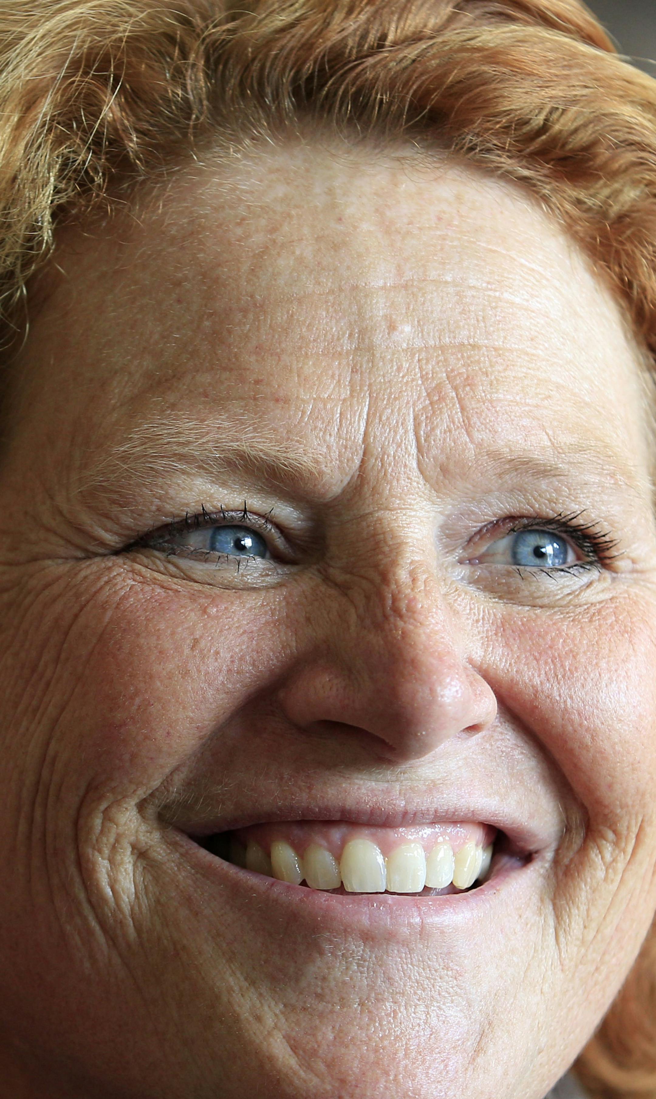 FILE - In this Nov. 5, 2102 file photo, then-Democratic Senate candidate, now Sen. Heidi Heitkamp, D-N.D. smiles as she speaks in Grand Forks, N.D. There is little mystery, from a campaign viewpoint, at least, about the eight senators who crossed party lines in Wednesday's showdown vote on background checks for gun buyers. The four Democrats who voted against broader background checks are from largely rural states that voted heavily against President Barack Obama last fall. (AP Photo/LM Otero, F