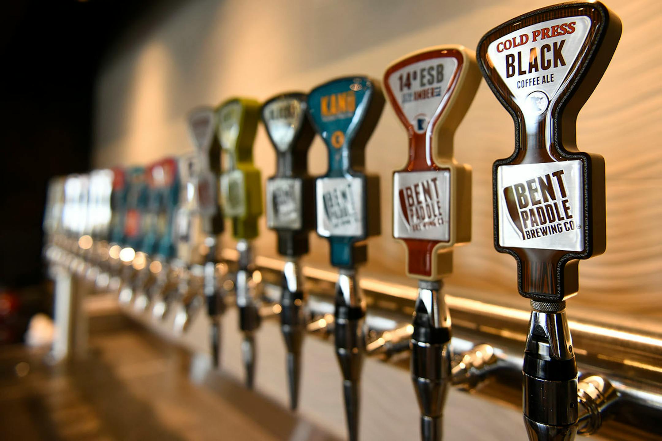 The taps at Bent Paddle Brewing Company Thursday.