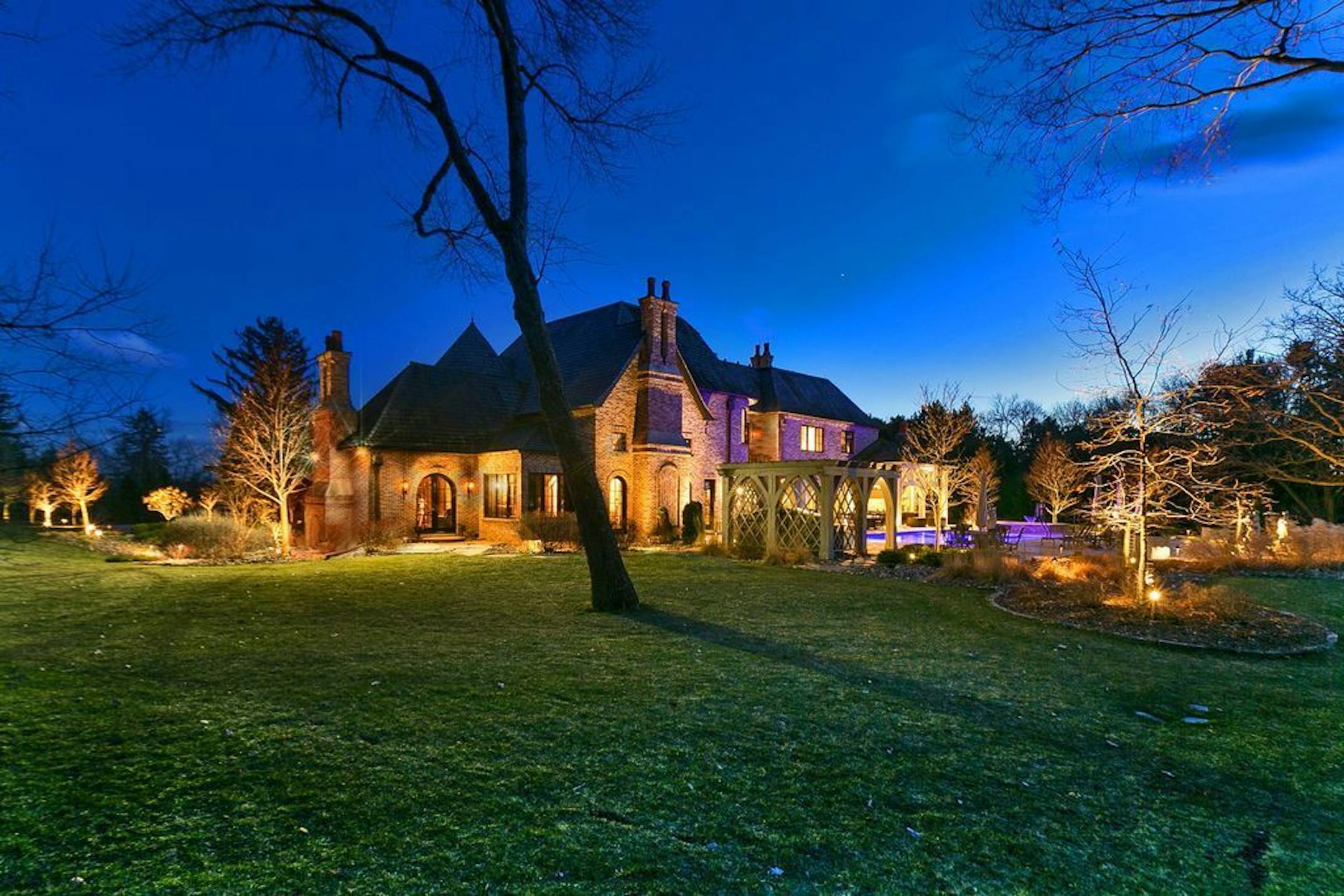 The home at twilight.