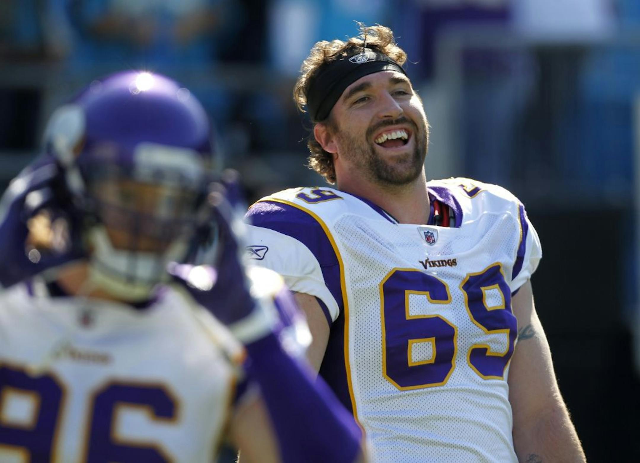 Minnesota Vikings' Jared Allen (69) warms up against the Carolina Panthers before an NFL football game in Charlotte, N.C., Sunday, Oct. 30, 2011. The Minnesota Vikings won 24-21.