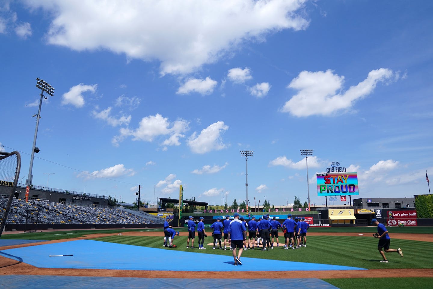 Players gathered on the mound during the St. Paul Saints practice Friday at CHS Field. ] ANTHONY SOUFFLE • anthony.souffle@startribune.com The St. Paul Saints held practice with media availability Friday, June 26, 2020 at CHS Field in St. Paul, Minn.