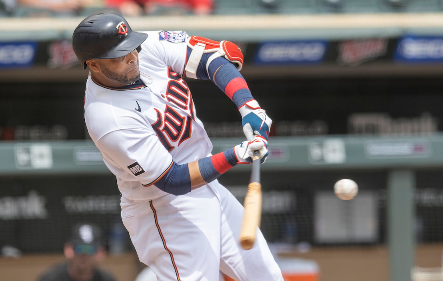 Minnesota Twins designated hitter Nelson Cruz made contact with the ball for a solo homer during the third inning as the Twins took on the Chicago White Sox at Target Field, Wednesday, May 19, 2021 in Minneapolis, MN. ] ELIZABETH FLORES • liz.flores@startribune.com