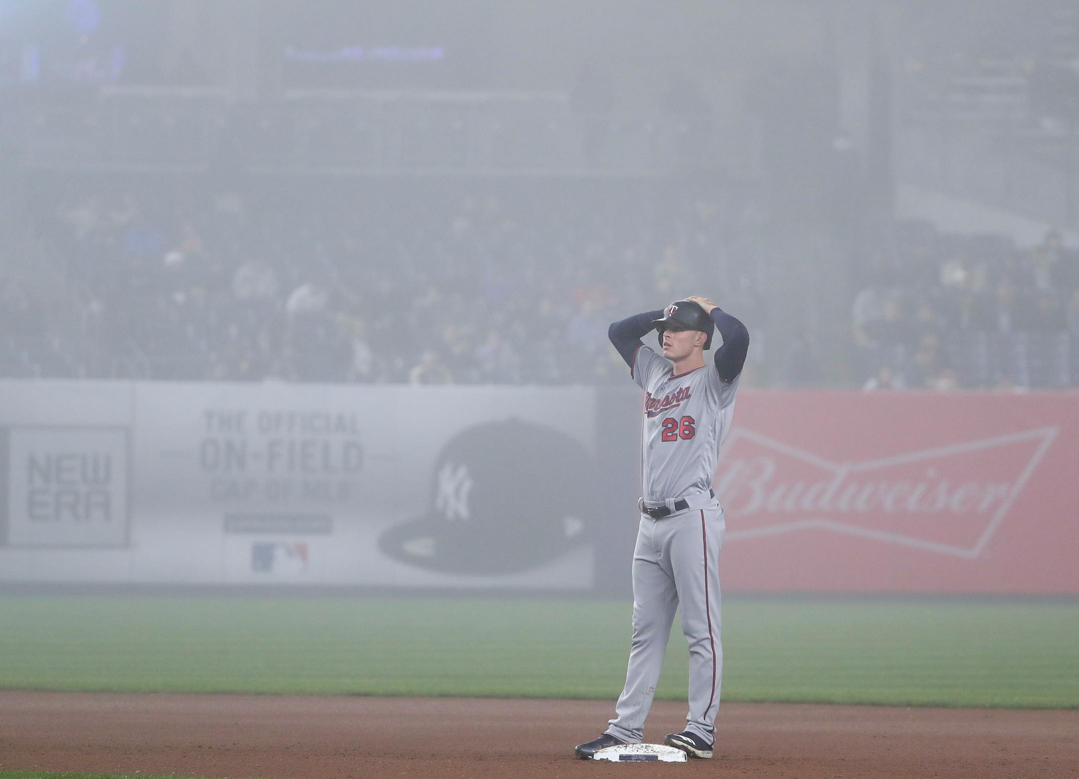 Minnesota Twins' Max Kepler (26) waits on second base during a pitching change by the New York Yankees during the seventh inning of a baseball game, Wednesday, April 25, 2018, in New York. (AP Photo/Julie Jacobson)