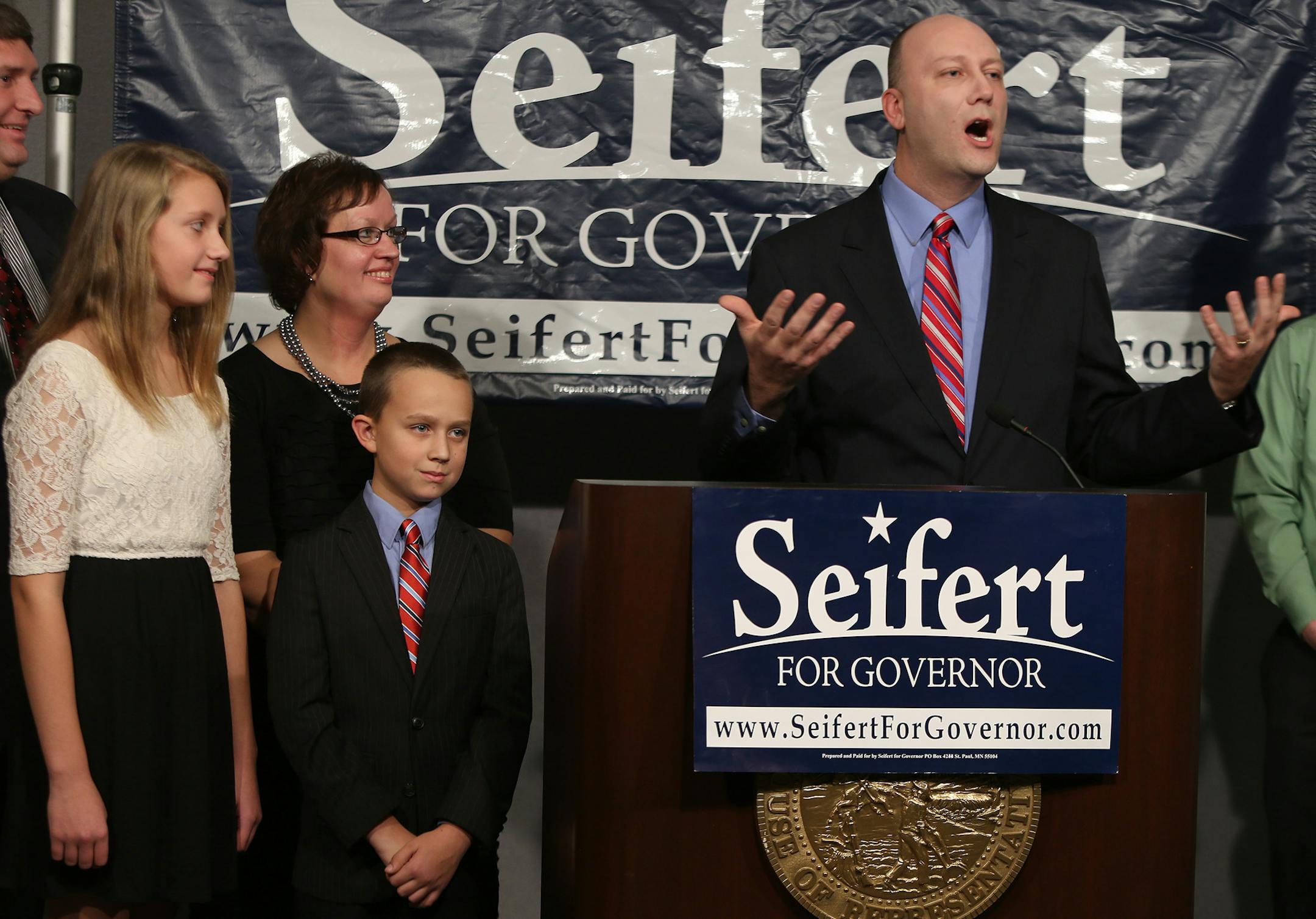 Alongside his family, daughter Brittany, 11, wife Traci, and son Braxton, 8, Republican Marty Seifert jumped into the race for governor on Thursday, November 21, 2013 at the State Office Building, adding a prominent outstate name to the already crowded field of Republicans vying to unseat DFL Gov. Mark Dayton next year.