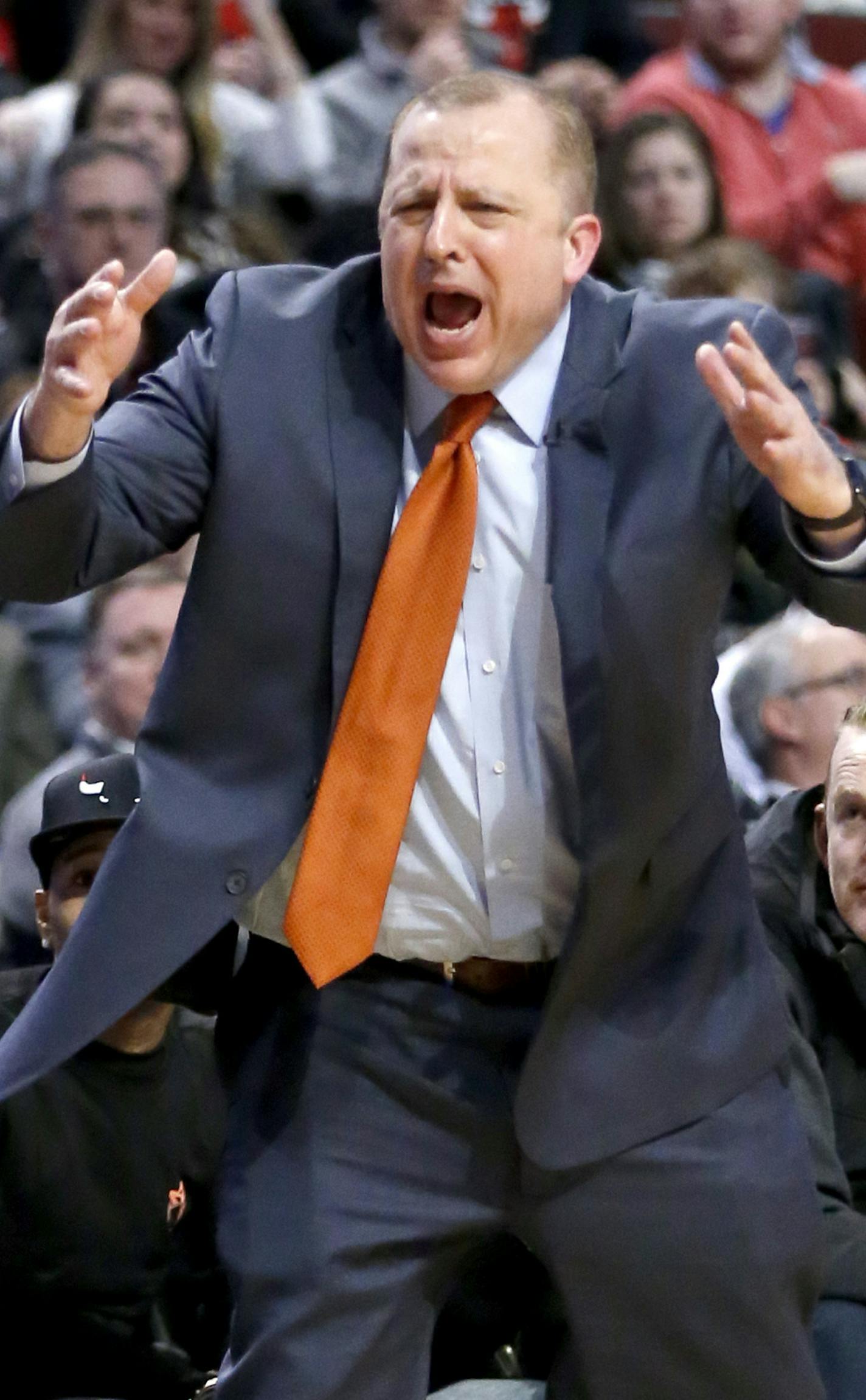 Minnesota Timberwolves head coach Tom Thibodeau gets upset with an officials' call during the second half of an NBA basketball game against the Chicago Bulls Tuesday, Dec. 13, 2016, in Chicago. The Timberwolves won 99-94. (AP Photo/Charles Rex Arbogast)