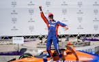 Chip Ganassi Racing driver Scott Dixon celebrates his victory during the IndyCar Grand Prix of Long Beach auto race Sunday, April 21, 2024, in Long Be