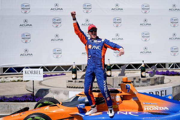 Chip Ganassi Racing driver Scott Dixon celebrates his victory during the IndyCar Grand Prix of Long Beach auto race Sunday, April 21, 2024, in Long Be