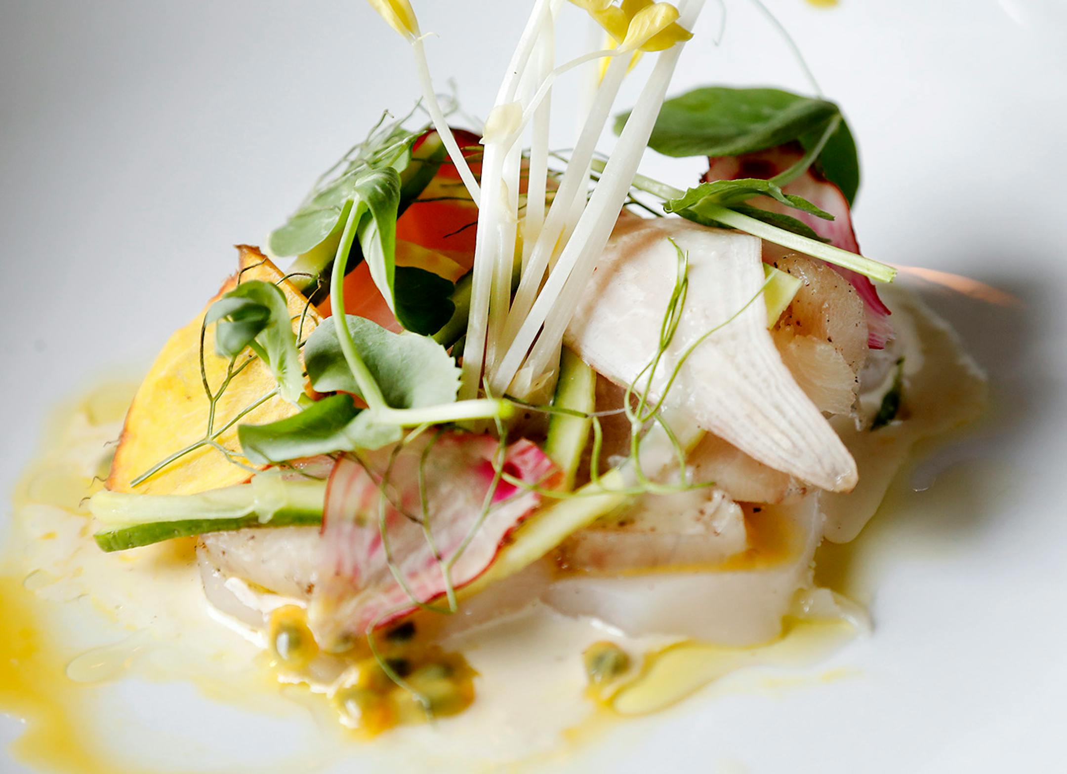 Crudo. Hamachi, scallop, beets, pea tendrils, cucumber and yuzu at the New Scenic Cafe up the shore north of Duluth. ] CARLOS GONZALEZ cgonzalez@startribune.com - June 4, 2016, Duluth, MN, Taste Section Story Food, Coffee, Drinks, Bars and Restaurants of the Duluth Area