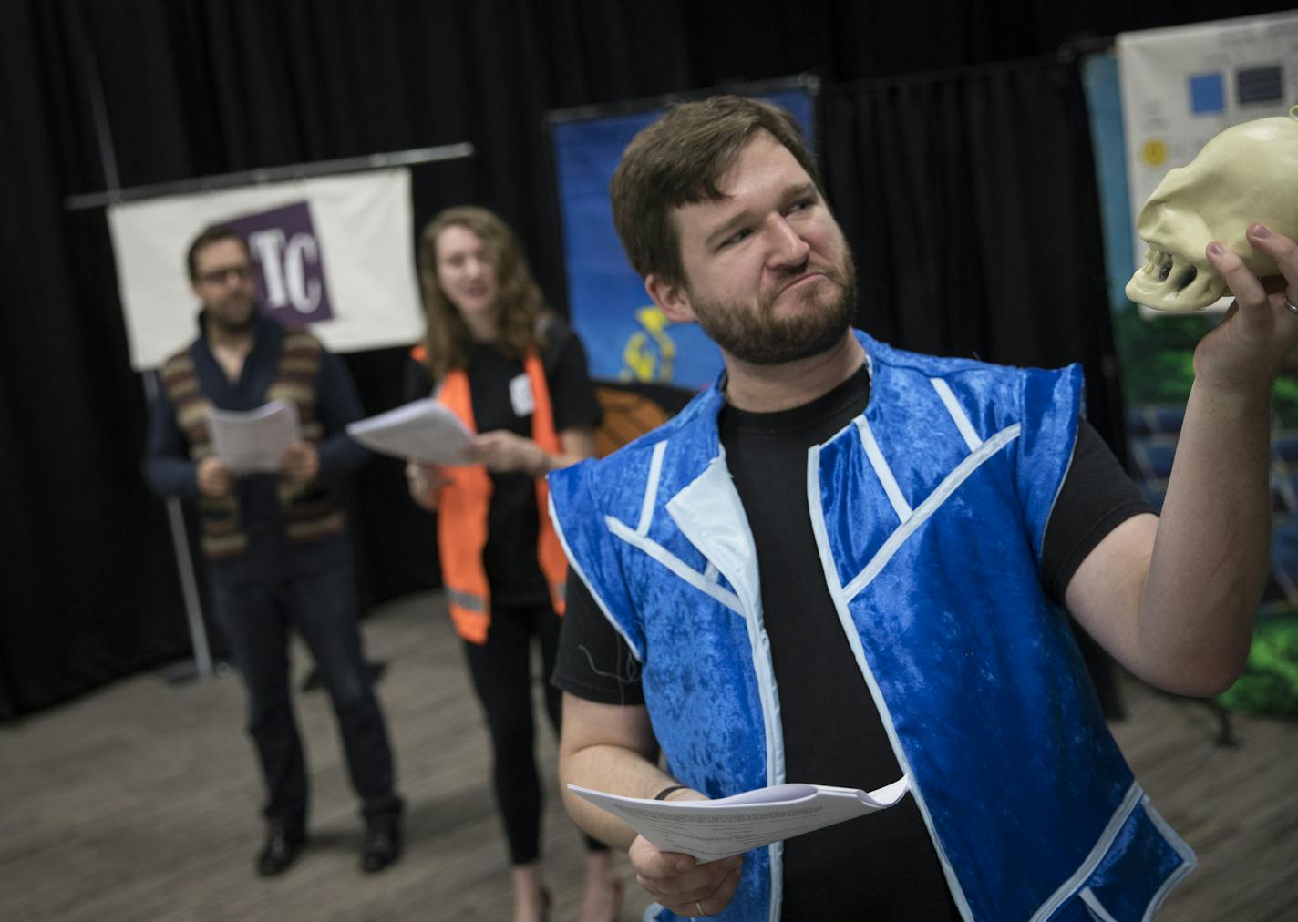 Actors Lindy Jackson, center and Joe Heaney, right, rehearsed a skit with director Jon Mikkelsen, left, at the National Theatre for Children headquarters on Monday, October 31, 2016, in Golden Valley, Minn. ] RENEE JONES SCHNEIDER &#x2022; renee.jones@startribune.com