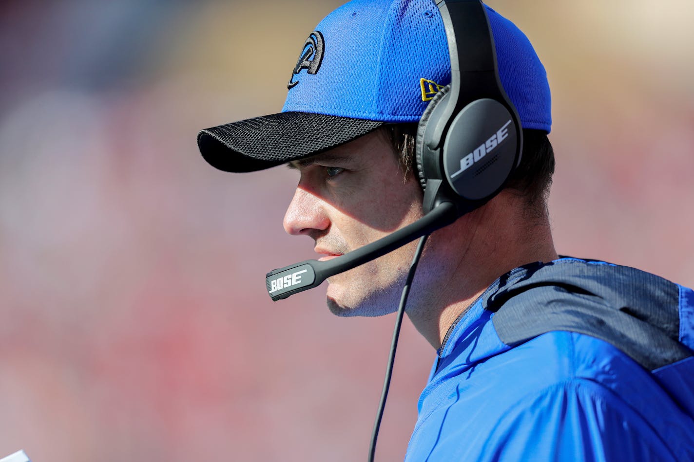 Los Angeles Rams offensive coordinator Kevin O'Connell coaches on the sideline during a NFL divisional playoff football game between the Los Angeles Rams and Tampa Bay Buccaneers, Sunday, January 23, 2022 in Tampa, Fla. (AP Photo/Alex Menendez) ORG XMIT: NYOTK