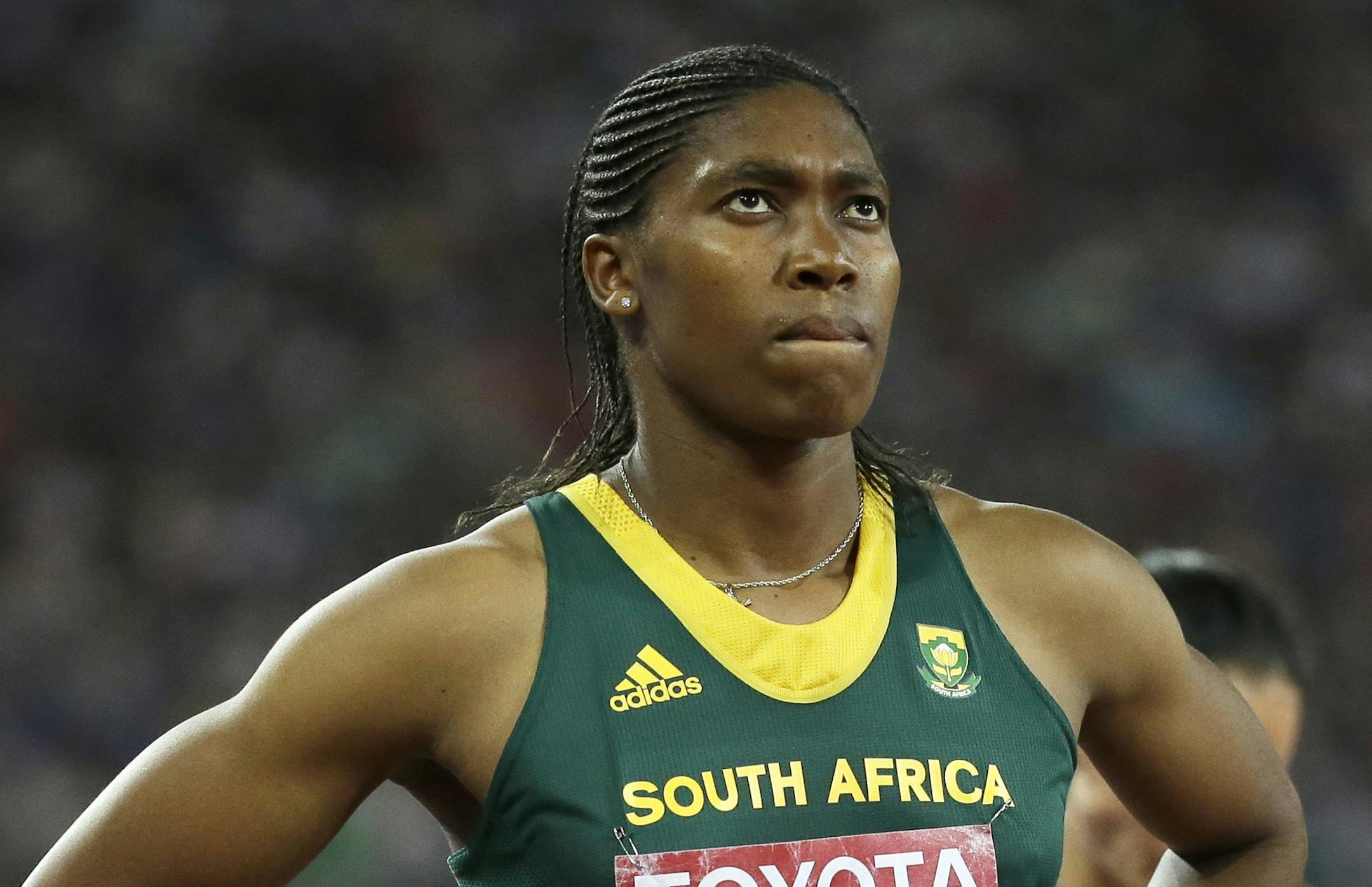 FILE - In this Aug. 27, 2015, file photo, South Africa's Caster Semenya waits for the start of a women's 800-meter semifinal at the World Athletics Championships at the Bird's Nest stadium in Beijing.