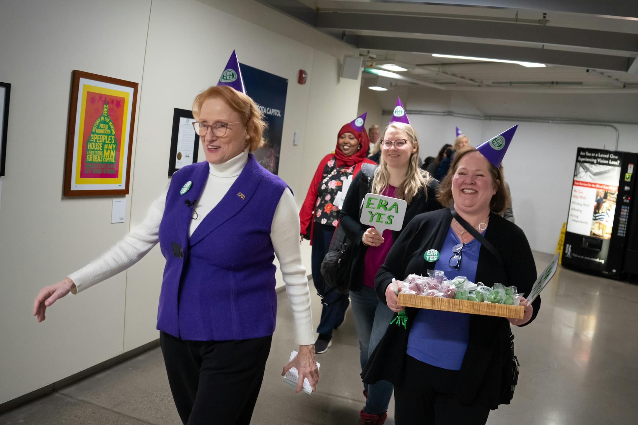 Betty Folliard, left, and Kate Quinlan-Laird, right, led a group of Equal Rights Amendment backers around the State Capitol doing an advocacy day, tied to International Women's Day on Wednesday, March 8, 2023 St. Paul, Minn.