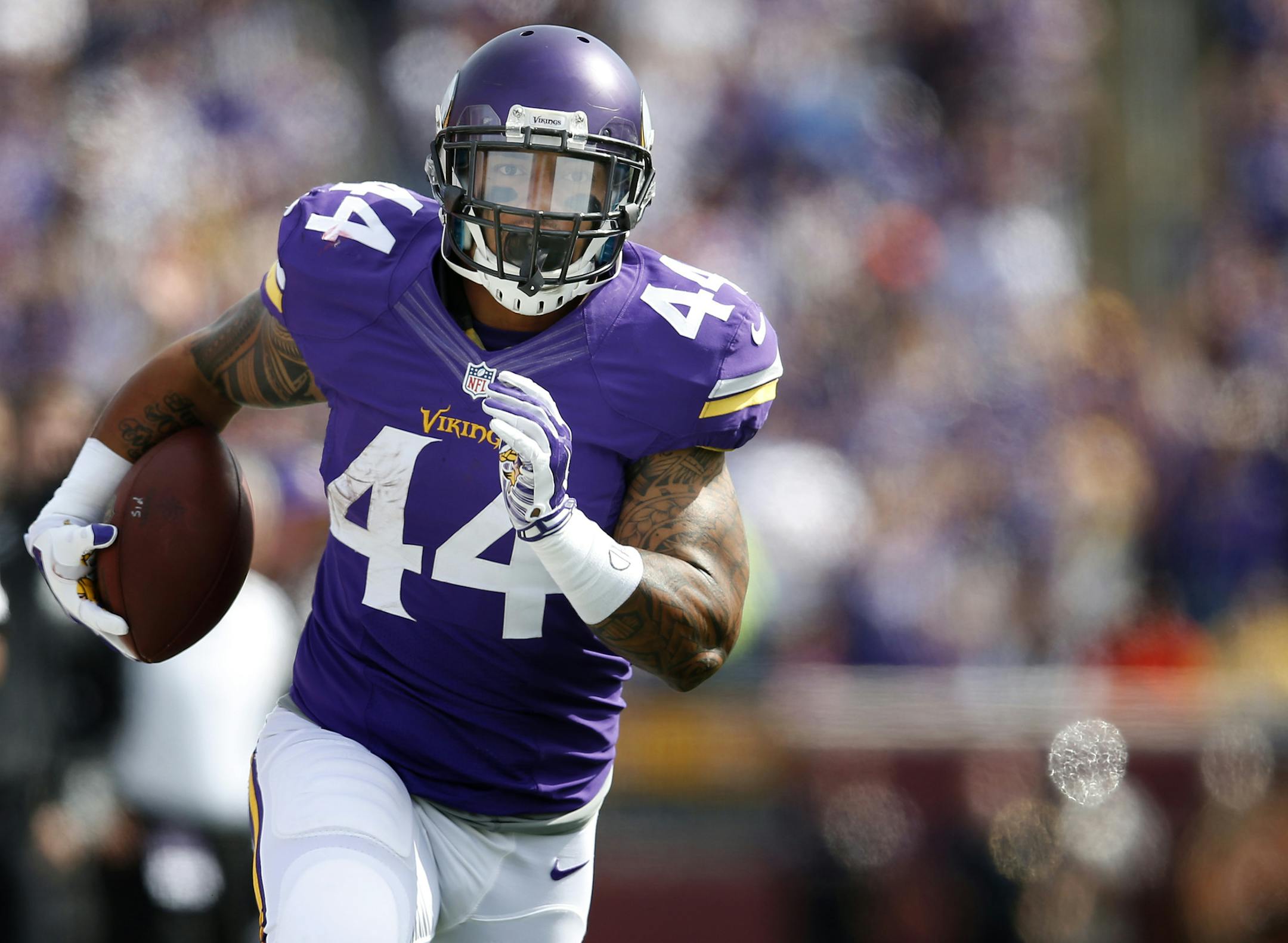 Vikings running back Matt Asiata (44) ran in for a 25-yard touchdown on a short pass play in the first quarter. ] CARLOS GONZALEZ cgonzalez@startribune.com - September 14 , 2014 , Minneapolis, Minn., NFL, TCF Bank Stadium, Minnesota Vikings vs. New England Patriots