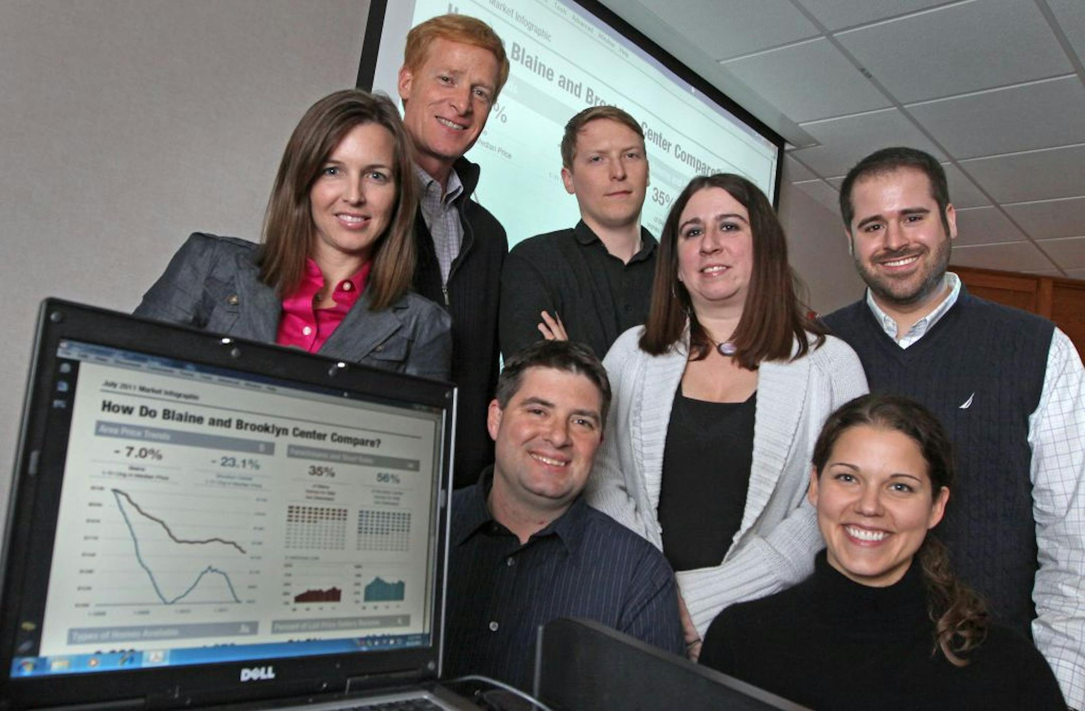 (left to right) Erin Milburn, Mark Allen, Greg Sax, Jeff Allen, Becca Walker, Breanna Vanstrom and David Arbit, of the Minneapolis Area Association of Realtors have developed a new computer tool that agents can used to create custom reports about various markets. Photographed on 11/2/11.
