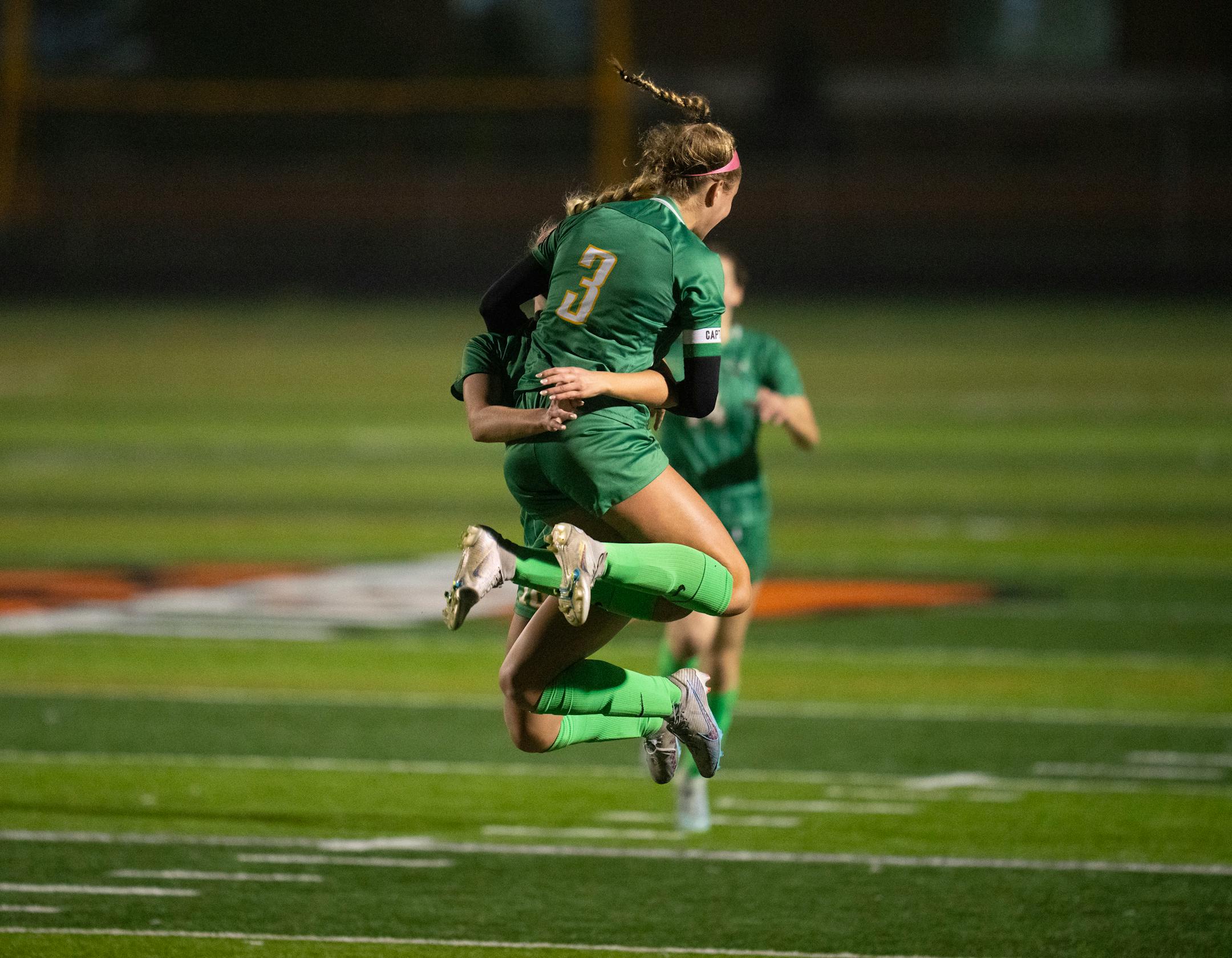 Edina's Izzy Engle (3) celebrated after she scored the second goal of her hat trick in the second half.