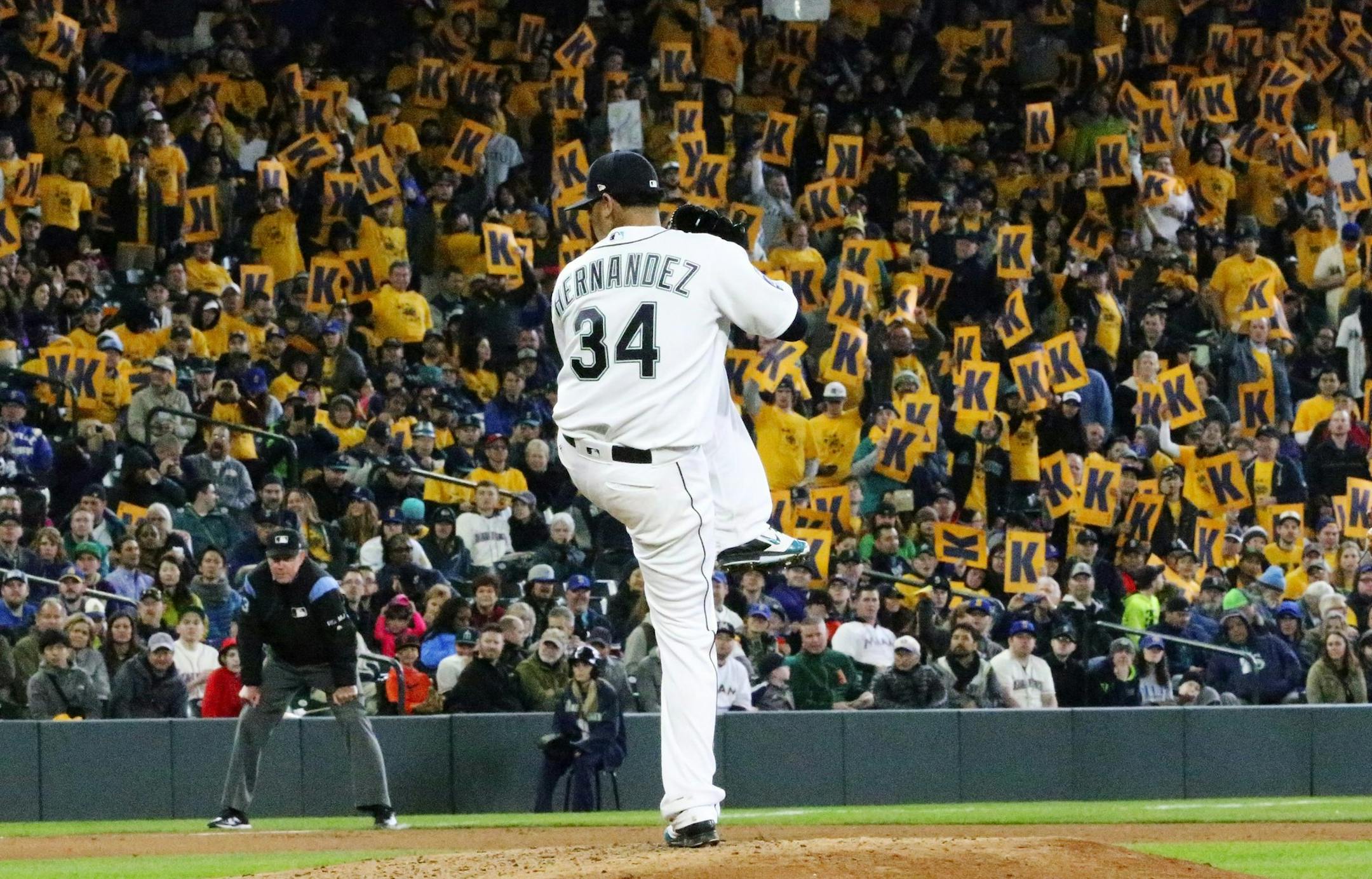 Seattle Mariners pitcher Felix Hernandez, with the King's Court in the background, works against the Miami Marlins at Safeco Field in Seattle on Wednesday, April 19, 2017. The Mariners won, 10-5. (Ken Lambert/Seattle Times/TNS) ORG XMIT: 1200967