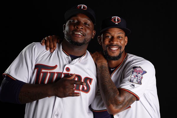 Miguel Sano and Byron Buxton posed during a photo shoot at the start of the 2019 season.