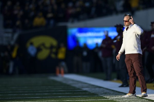 Minnesota Gophers head coach P.J. Fleck watched his team in the first half against the Iowa Hawkeyes.
