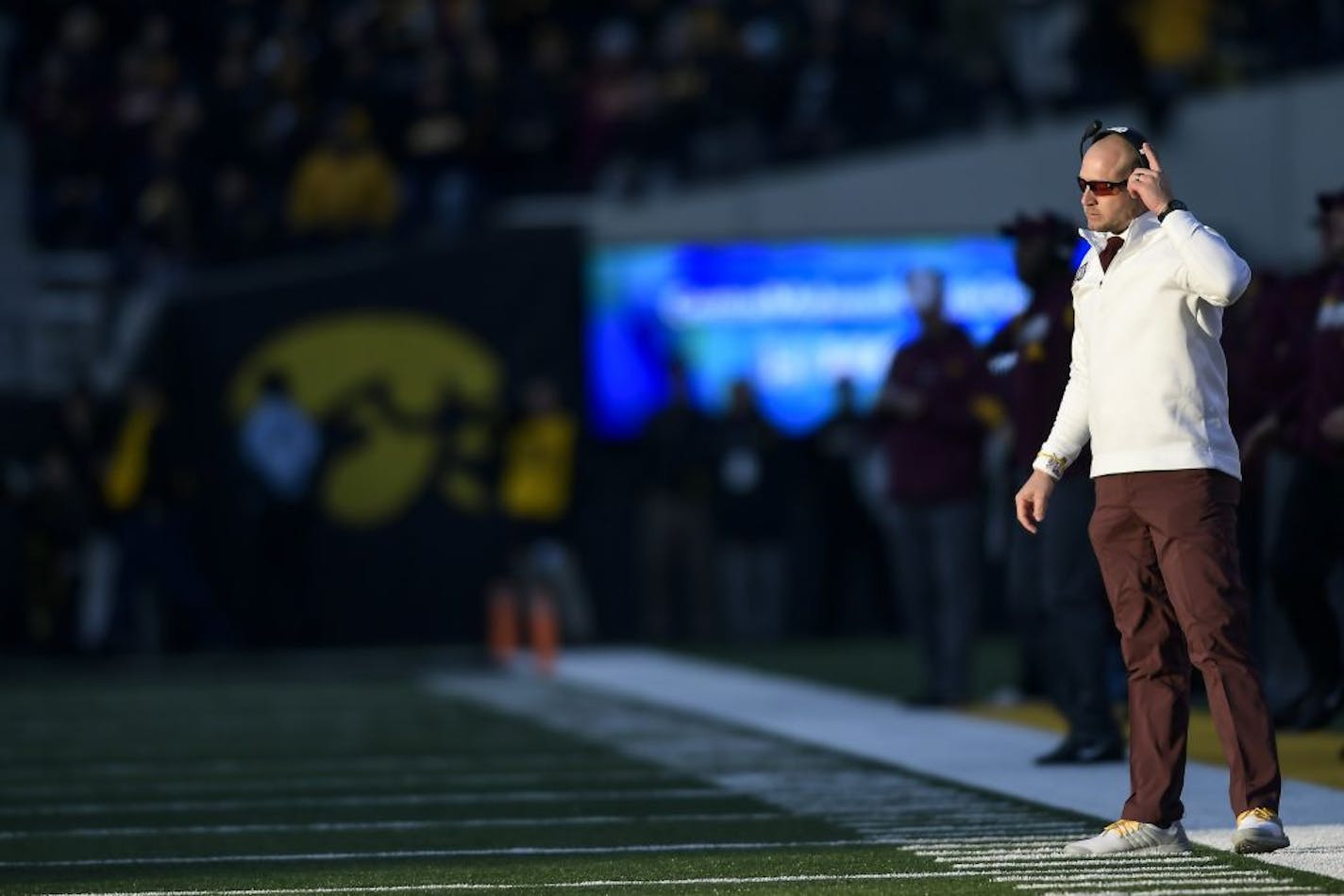 Minnesota Gophers head coach P.J. Fleck watched his team in the first half against the Iowa Hawkeyes.