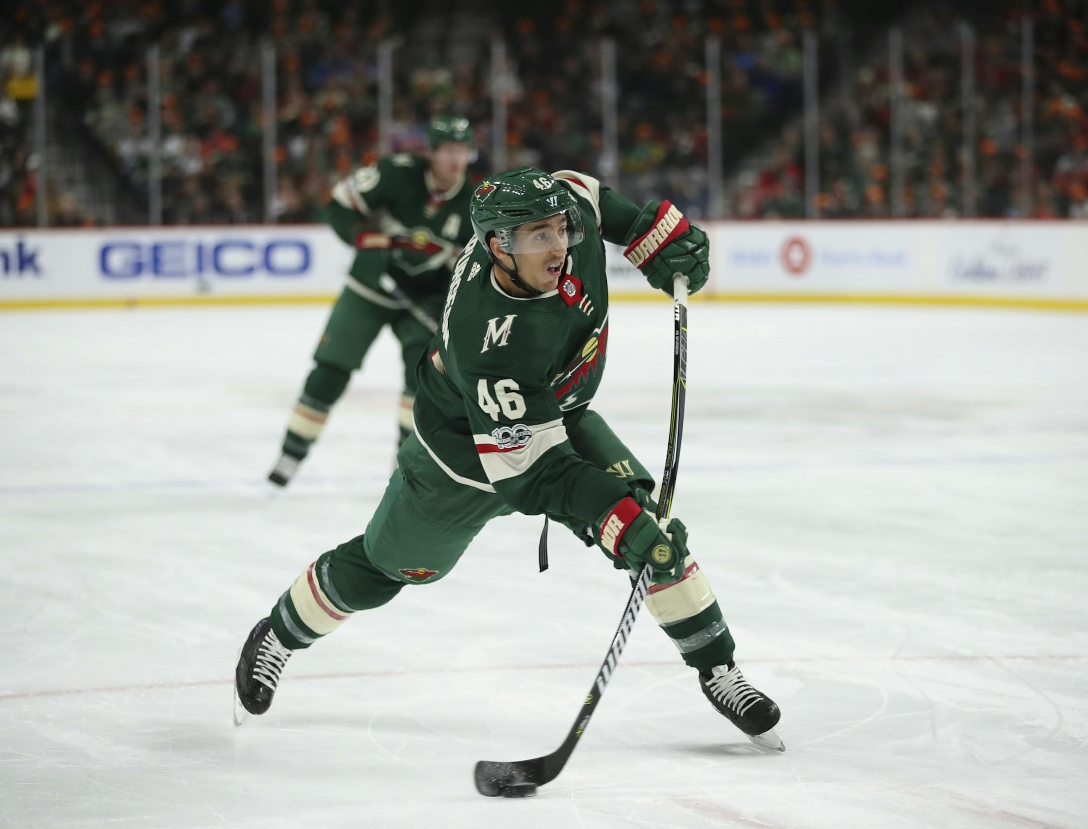 Minnesota Wild defenseman Jared Spurgeon (46) took a first period shot.