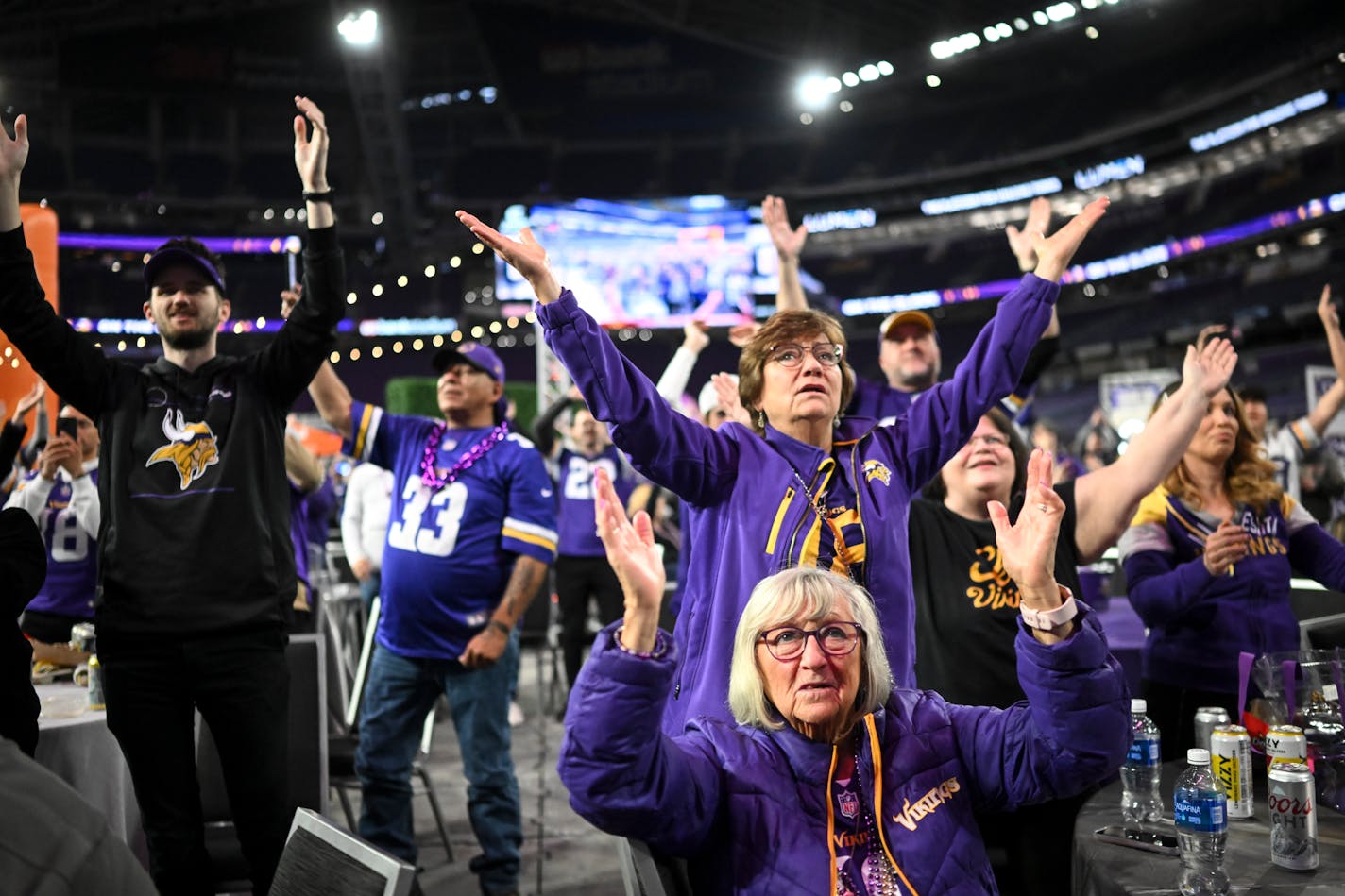 Fans take part in the "Skol" chant before the Vikings announced their first round pick during the Vikings NFL Draft Party Thursday, April 27, 2023, at U.S. Bank Stadium in Minneapolis, Minn.. ] AARON LAVINSKY • aaron.lavinsky@startribune.com