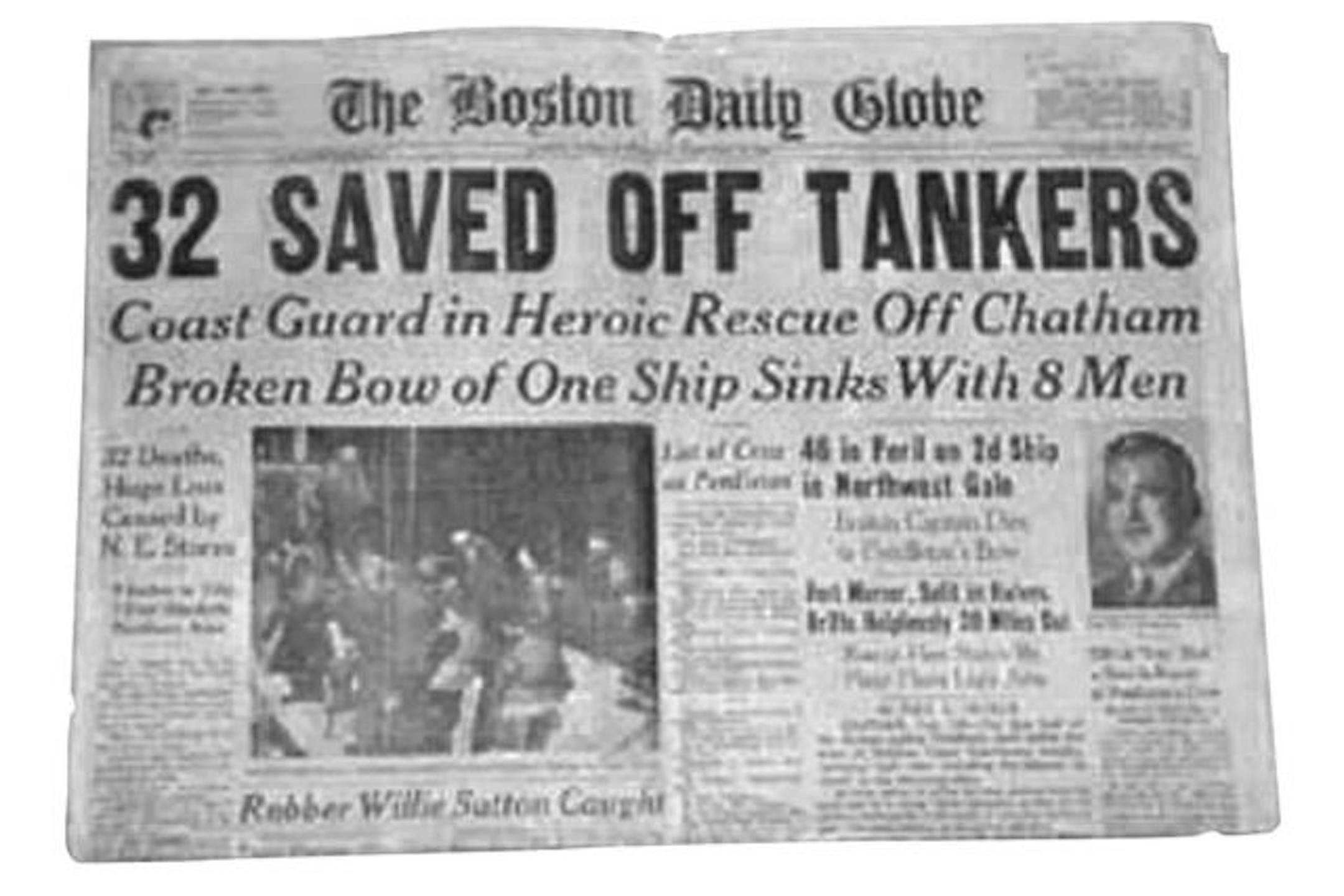 The Boston Daily Globe headlining the 1952 rescue of 32 sailors from the oil tanker Pendleton.