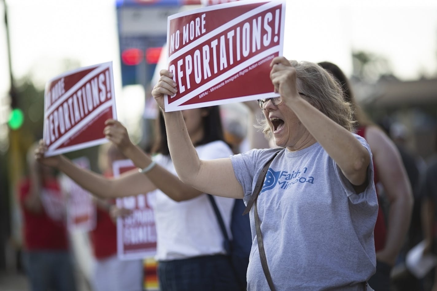 Mary Breen chanted with around 70 other protestors during a MIRAC protest in response to immigration raids in southern Minnesota outside the Minnesota GOP head quarters in Minneapolis, Minn., on August 9, 2018.