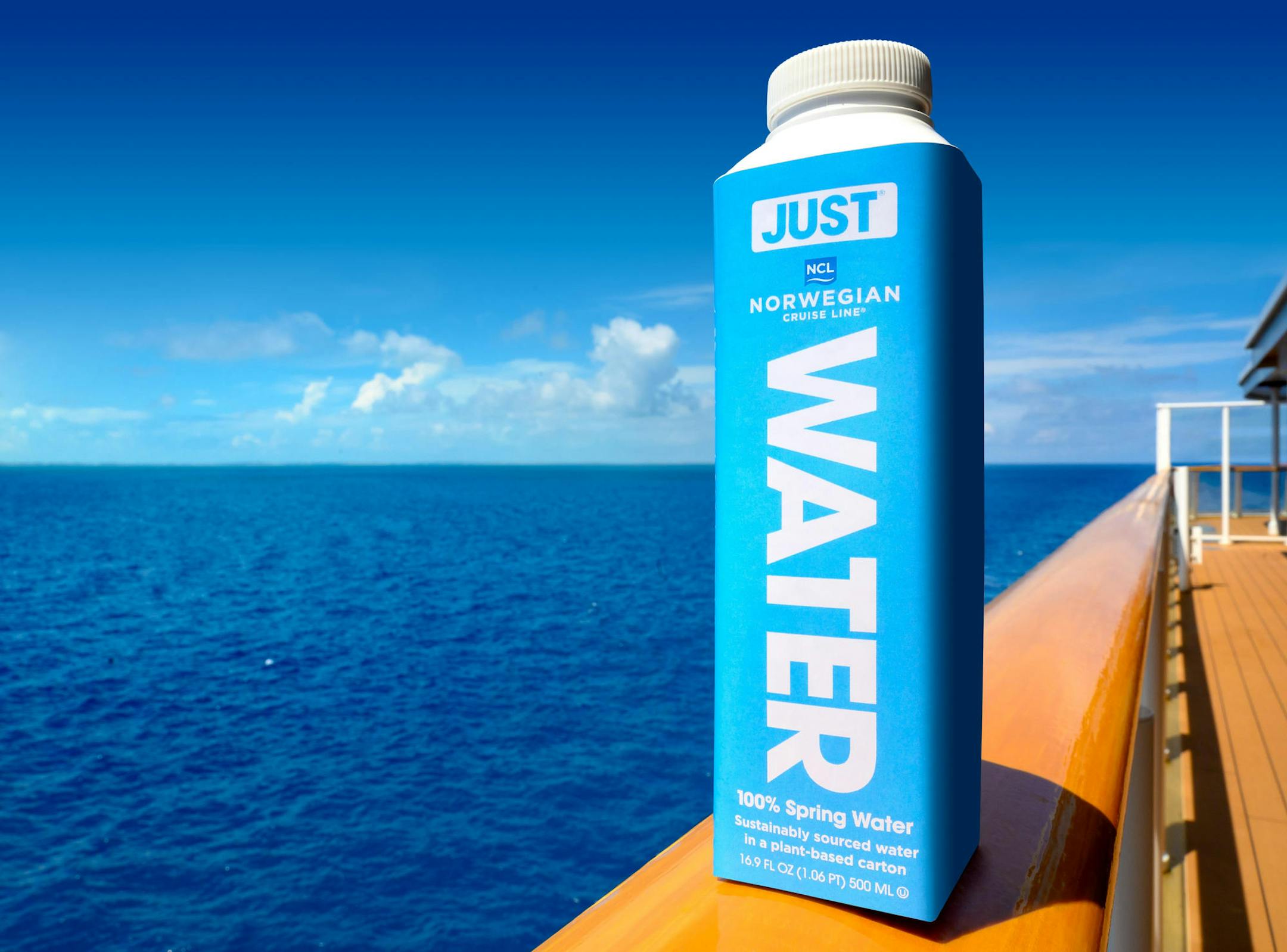 In an undated photo from Norwegian Cruise Line, a Just Water carton, made mostly of paper with a cap made of sugar cane. Norwegian Cruise Line, the worldÕs third-biggest cruise company, aims to switch its fleet to paper-based water cartons by 2020. (Norwegian Cruise Line via The New York Times) -- NO SALES; FOR EDITORIAL USE ONLY WITH NYT STORY CRUISE LINE PLASTIC BY ELAINE GLUSAC FOR OCT> 6, 2019. ALL OTHER USE PROHIBITED. -- ORG XMIT: XNYT95