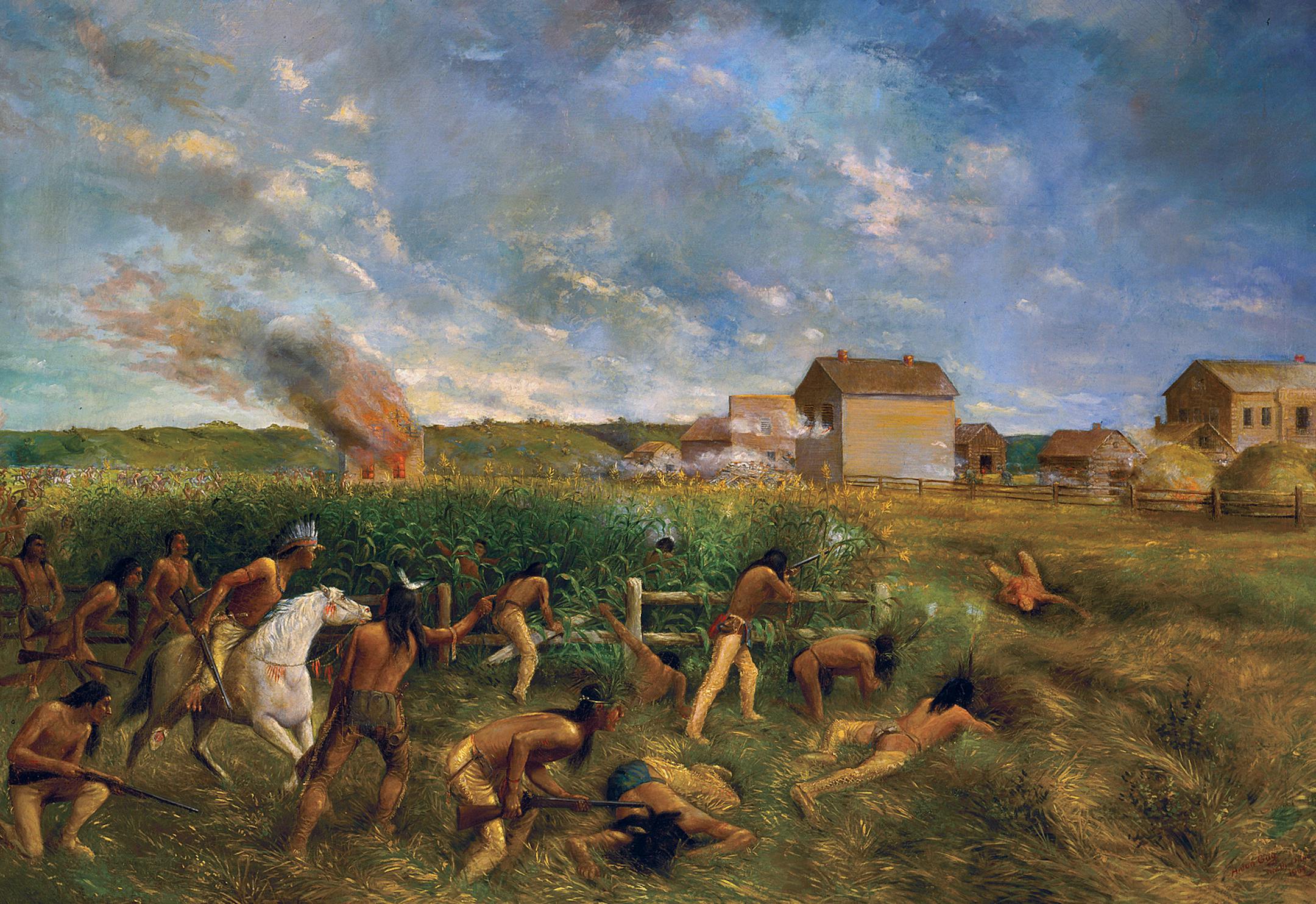 Art Collection Location No. AV1990.32.2 Negative No. 59027 Title: Attack on New Ulm during the Sioux Outbreak August 19th - 23rd 1862 Painter: Anton Gag (1859-1908) Date: 1904 Medium: Oil on Canvas Notes: Title from plaque on frame Subject: Dakota Conflict of 1862 Subject: Indians. Dakota. Santee. Warfare. ORG XMIT: MIN2015120116422949 ORG XMIT: MIN1512011649250124