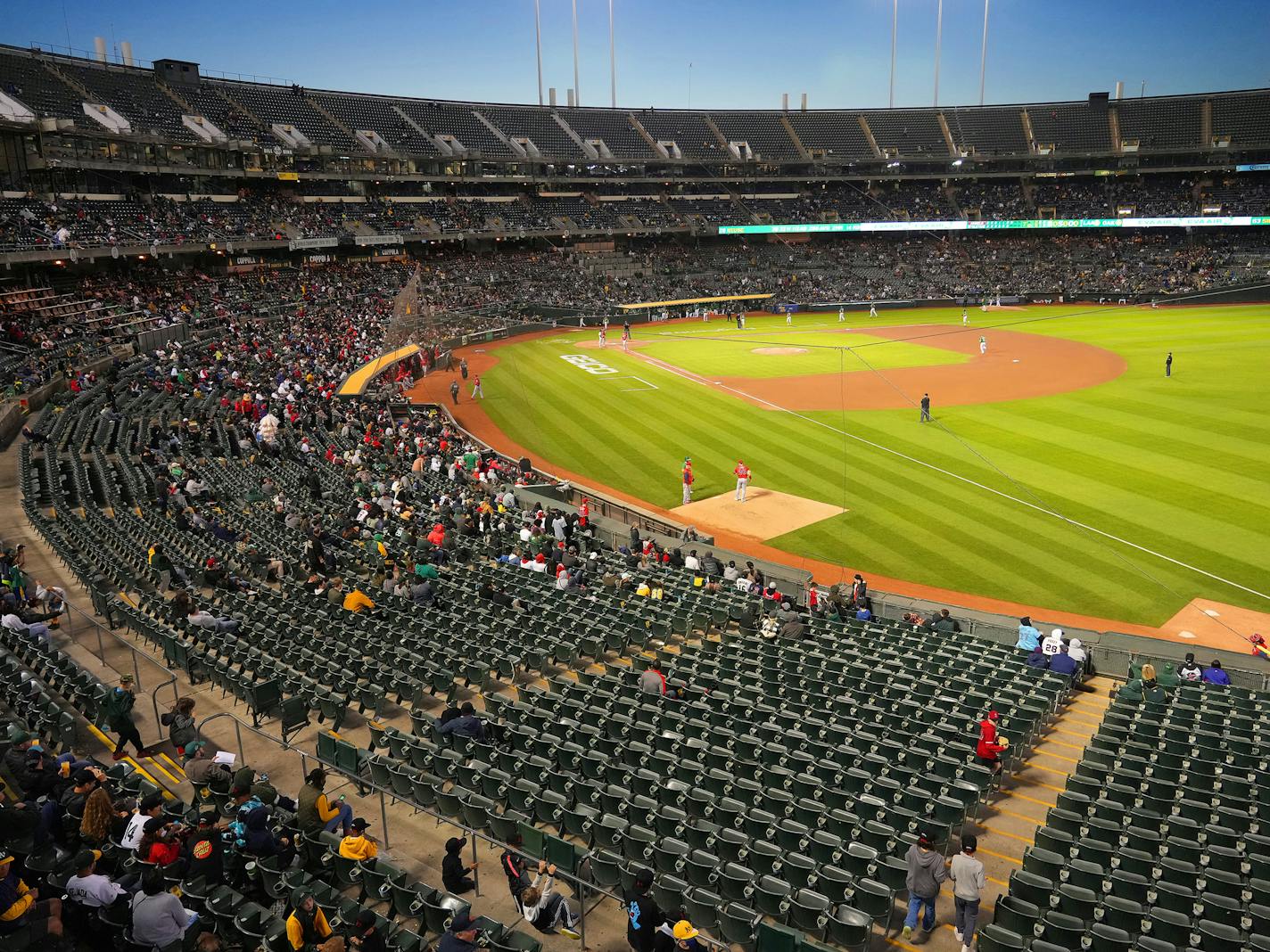 FILE Ñ A thin crowd at the Oakland Coliseum, home of the Oakland Athletics, on May 13, 2022. On June 14, 2023, as fans of the Athletics gathered at Oakland Coliseum in a long-planned reverse boycott of the teamÕs ownership and its plans to move the AÕs to Las Vegas, NevadaÕs State Senate voted in favor of a bill to provide public funding for a Major League Baseball stadium on the Las Vegas Strip. (Jim Wilson/The New York Times)