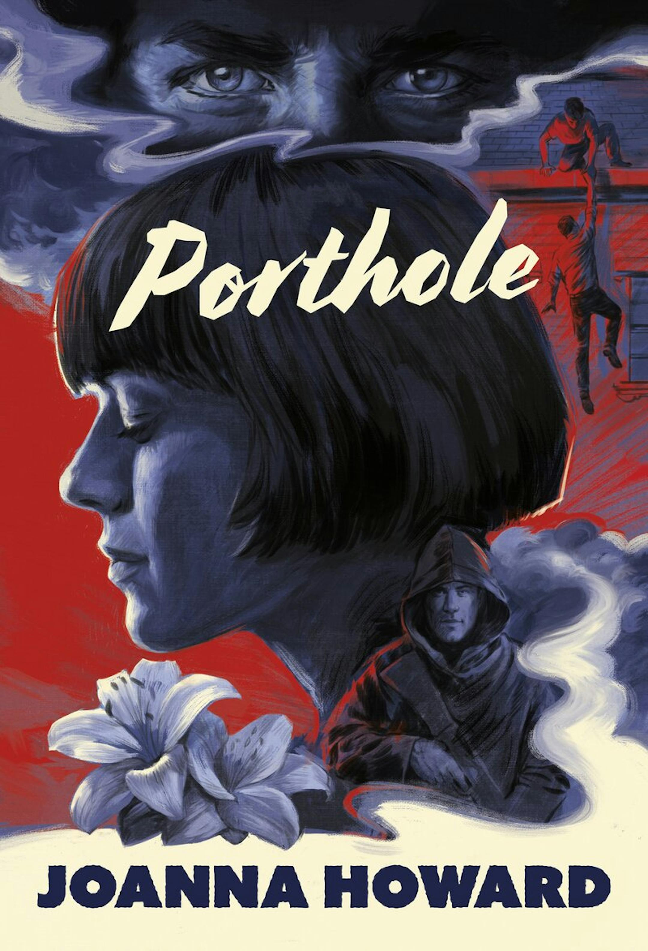 cover of Porthole is a collage with illustrations of a silhouetted woman, a flower, people climbing over a wall and mysterious eyes